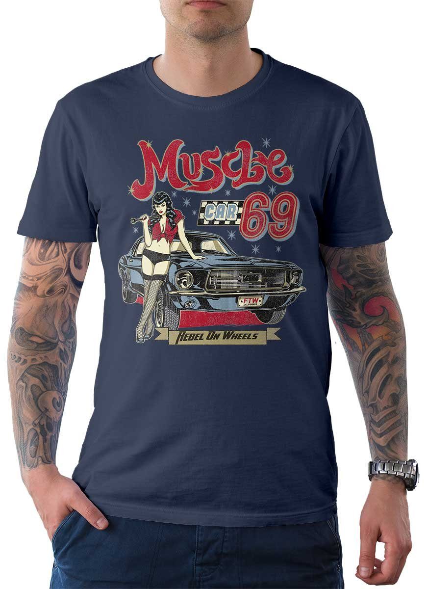 Rebel On Wheels T-Shirt Herren T-Shirt Tee Muscle Car 69 mit Auto / US-Car Motiv Denim