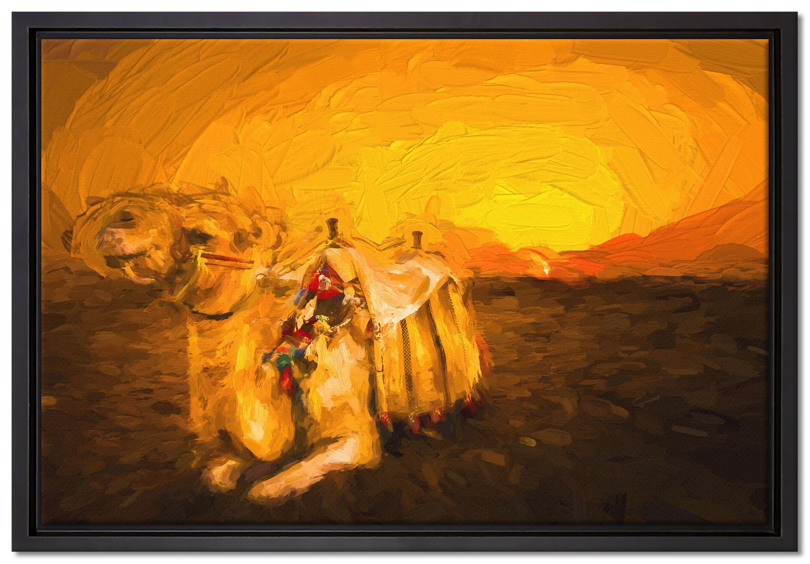 inkl. Zackenaufhänger Wanddekoration (1 Schattenfugen-Bilderrahmen in Leinwandbild in St), Leinwandbild Kamel gefasst, Ägypten, fertig Pixxprint bespannt, einem