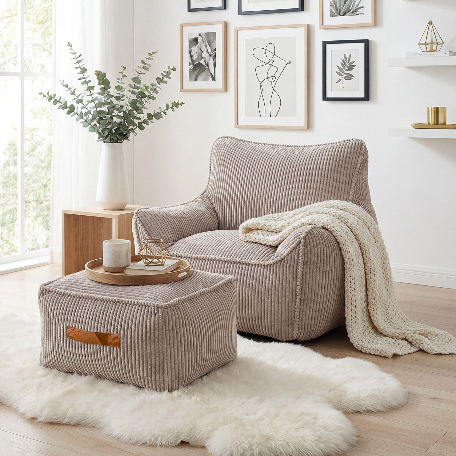 FUFU&GAGA Sitzsack mit Hocker für Erwachsene, Flauschiger Cord Stoff