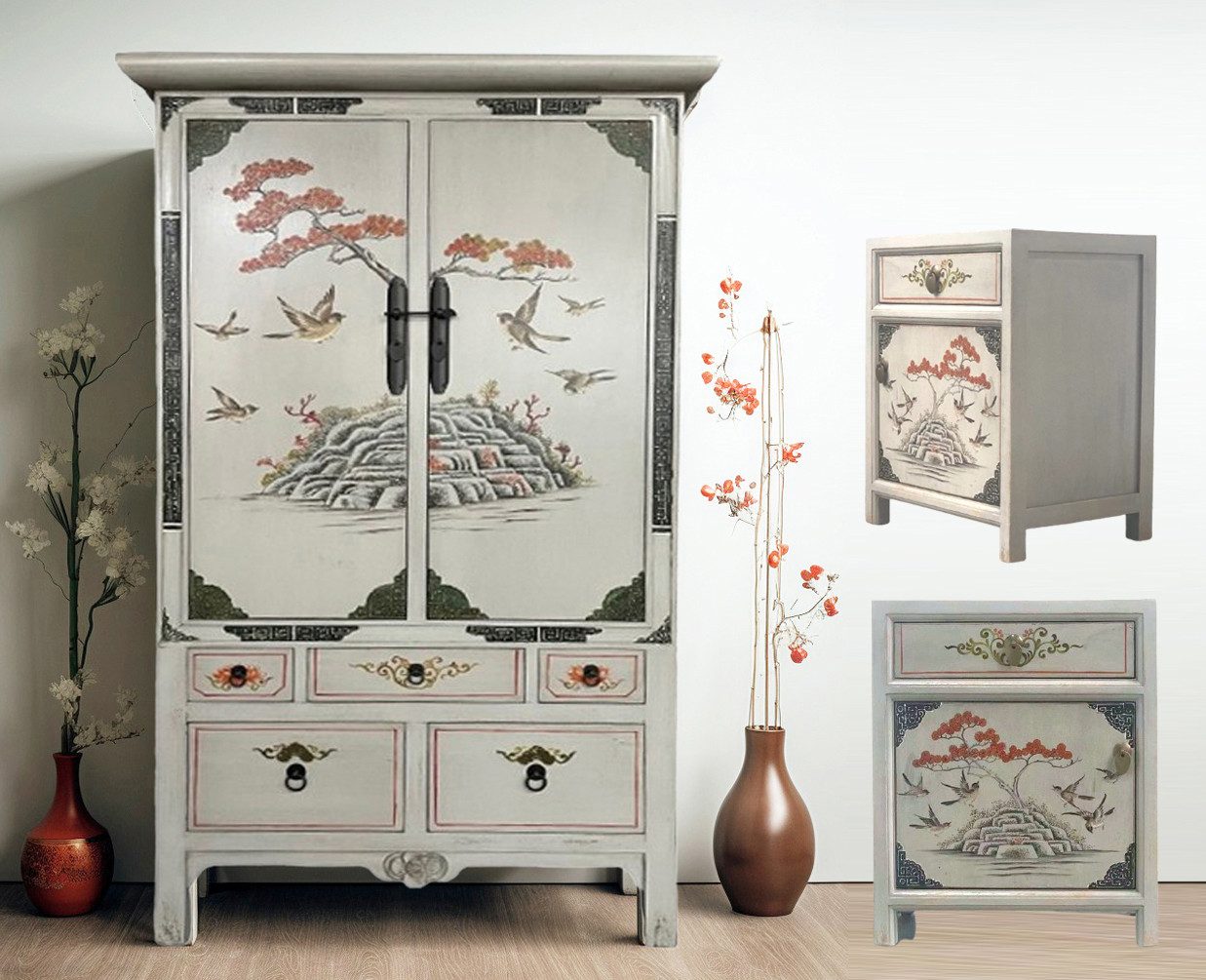 OPIUM OUTLET Schlafzimmer-Set Asia Hochzeitsschrank mit 2 passenden Nacht-Kommoden, (Nachttische Nachtschränke Nachtkommoden Nachtkonsolen, Schrank Kommode hellgrau Vintage-Stil handbemalt), chinesisch asiatisch orientalisch, Asia Möbel komplett montiert