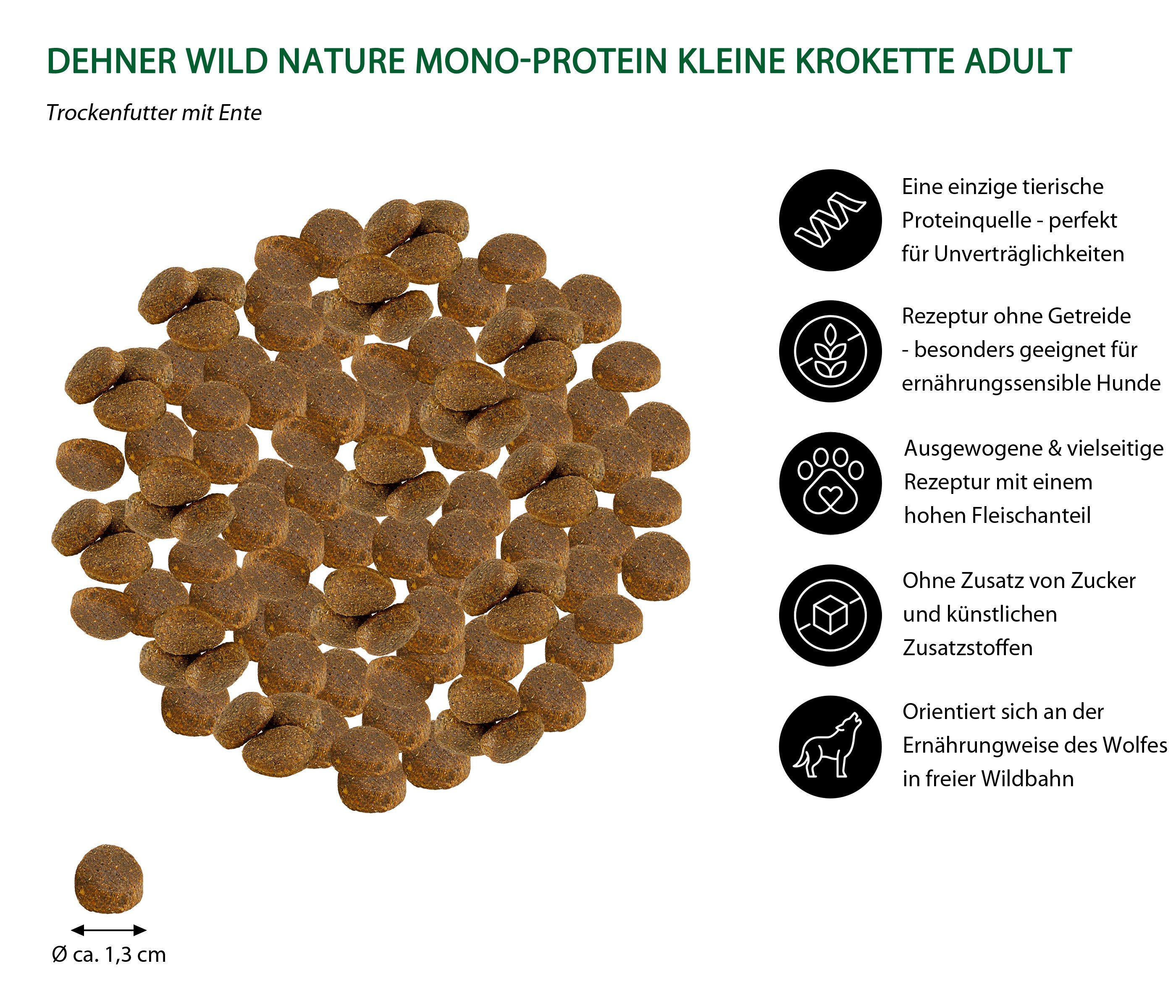 Dehner Wild Nature Mono-Protein Ente, 4 kg / 12 kg, getreidefrei/zuckerfrei Ente, Trockenfutter für: Hunde, Trockenfutter für ausgewachsene Hunde
