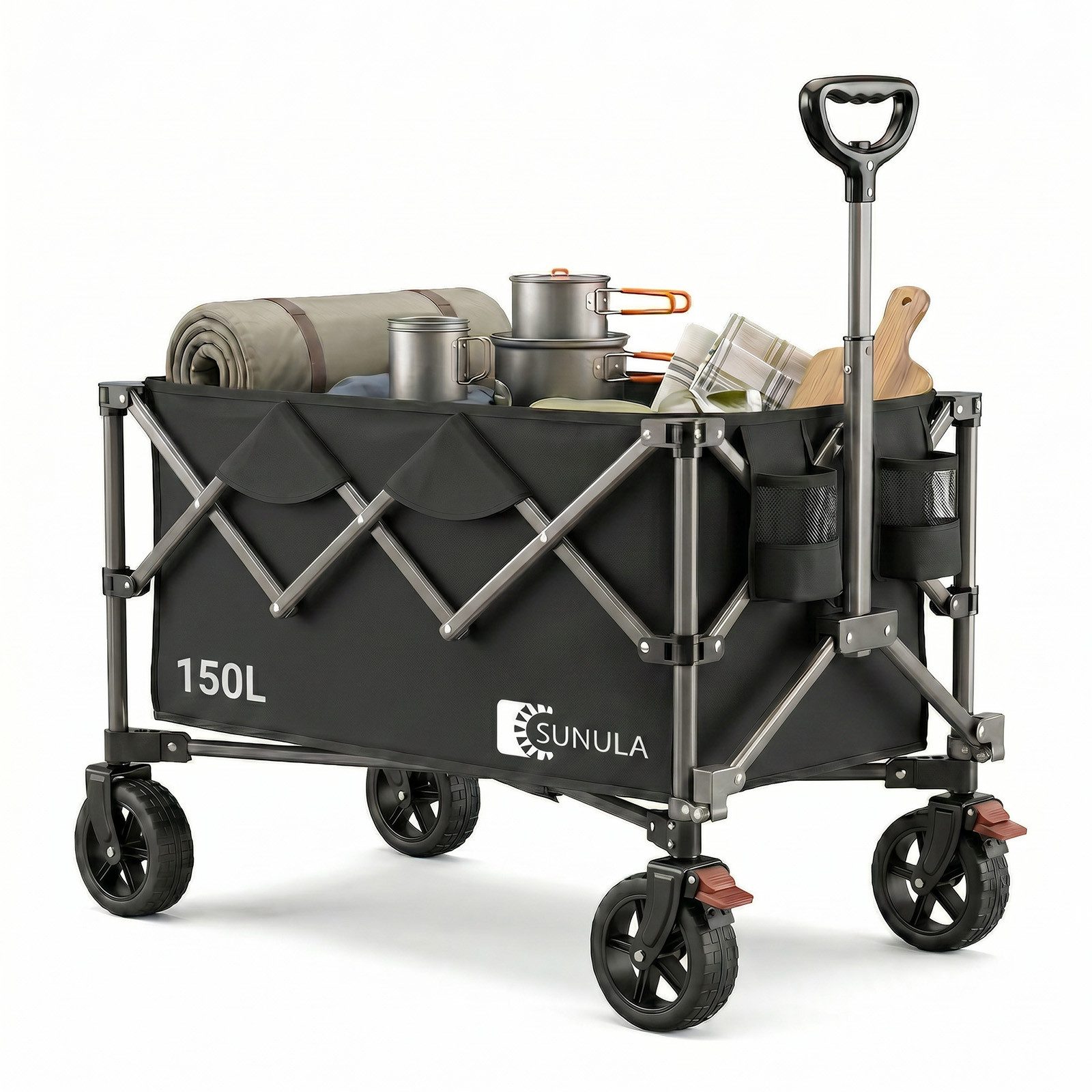 SUNULA Bollerwagen Handwagen Faltbar Bollerwagen, 150 L, Gartenwagen bis 120 kg belastbar, mit EIN-klick-Handgriff, Geländegängig Räder mit Bremsen