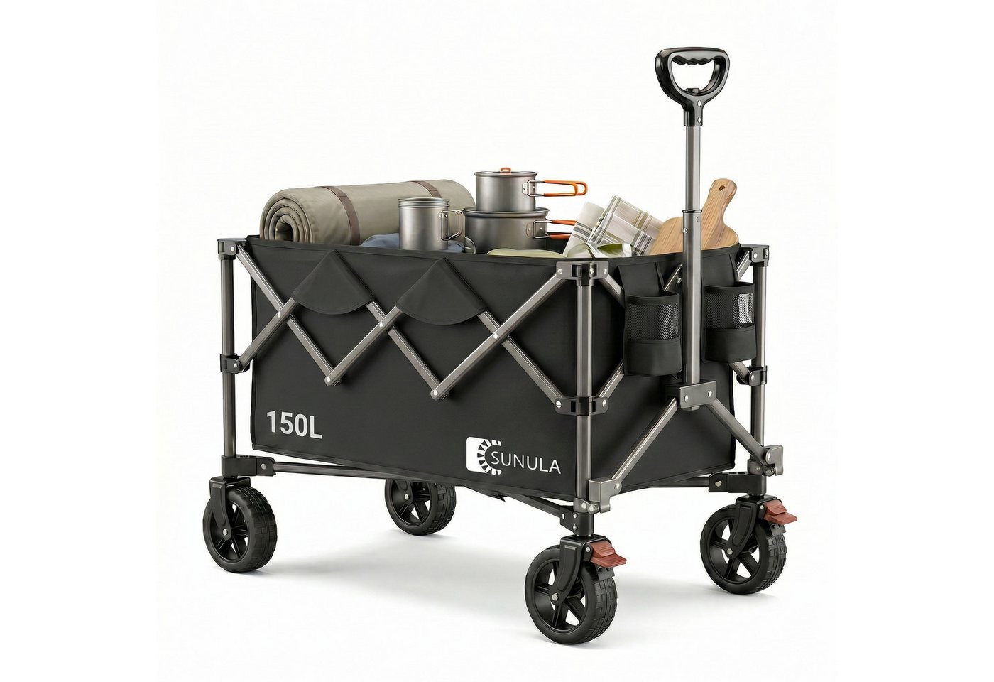 SUNULA Bollerwagen Handwagen Faltbar Bollerwagen, 150 L, Gartenwagen bis 120 kg belastbar, mit EIN-klick-Handgriff, Geländegängig Räder mit Bremsen
