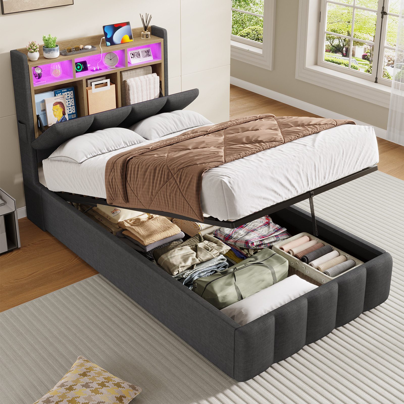 KIMENICH Polsterbett mit LED Beleuchtung und Ladefunktion (1-tlg., Ohne Matratze), Jugendbett Hydraulisches Stauraumbett, 90x200 cm