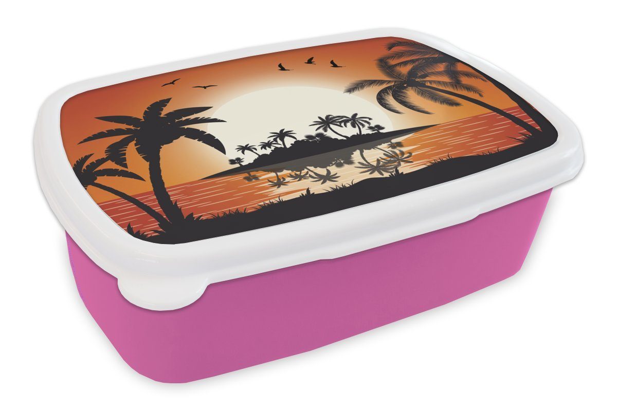 MuchoWow Lunchbox Insel - Brotdose Palme, Erwachsene, Meer - für Mädchen, Kunststoff Snackbox, Kunststoff, Kinder, - Sonne Brotbox (2-tlg), rosa