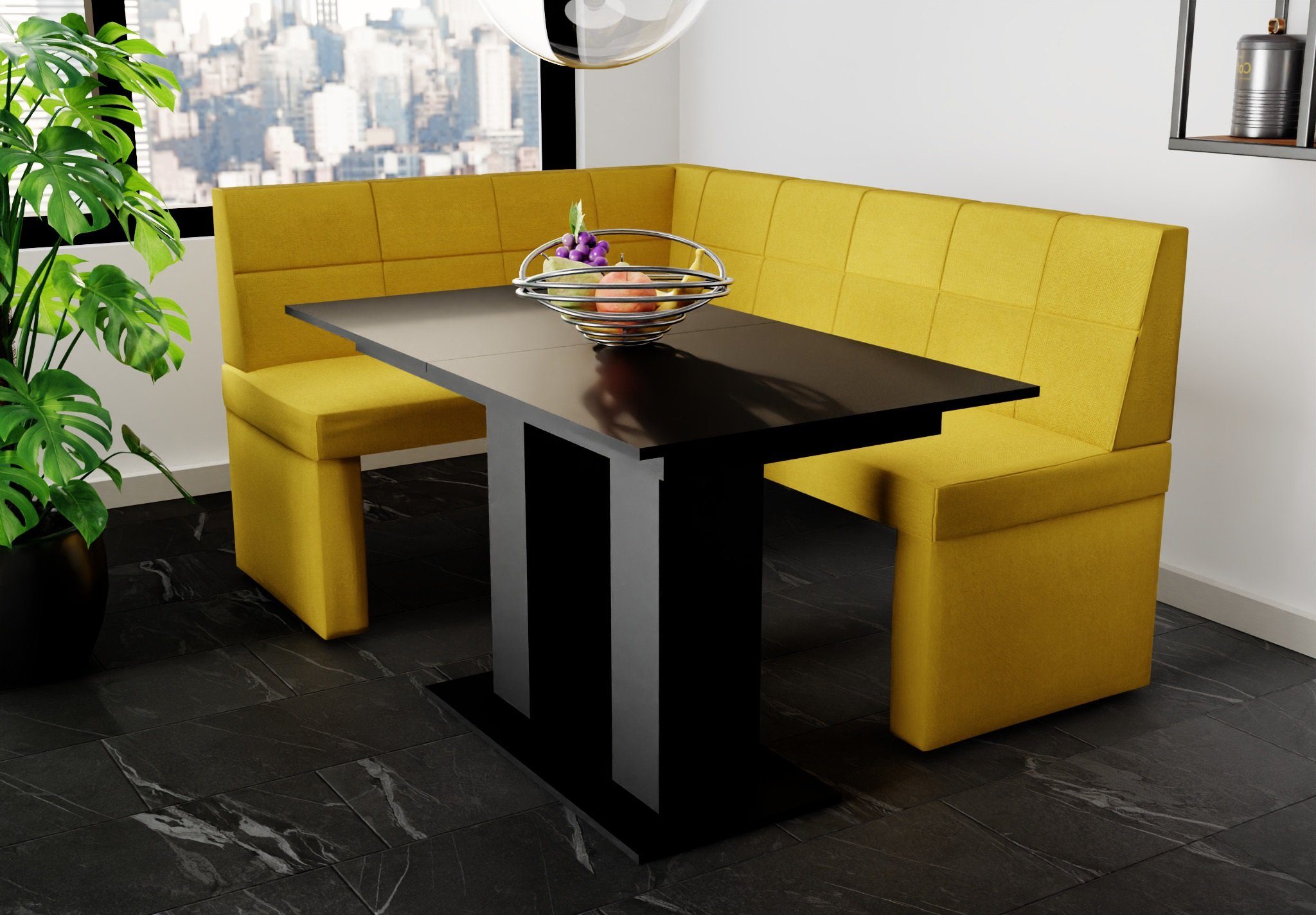 Fun Möbel Eckbankgruppe Eckbankgruppe „BLAKE XL“ Größe 196x142cm mit Tisch Schwarz matt, ausziehbarer Tisch