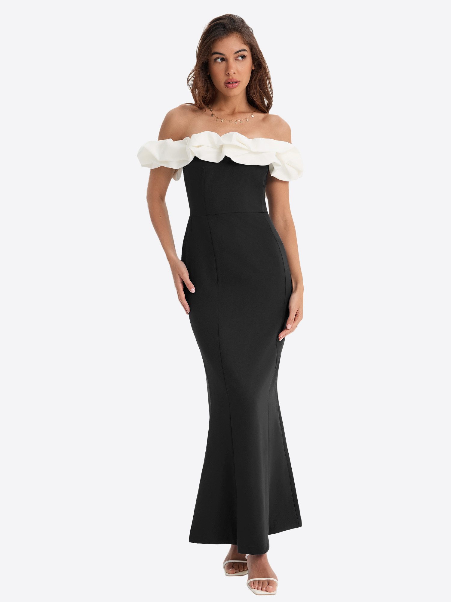 Maxikleid Damen Off-Shoulder Mermaid mit Rüschen Elegant Abendkleid