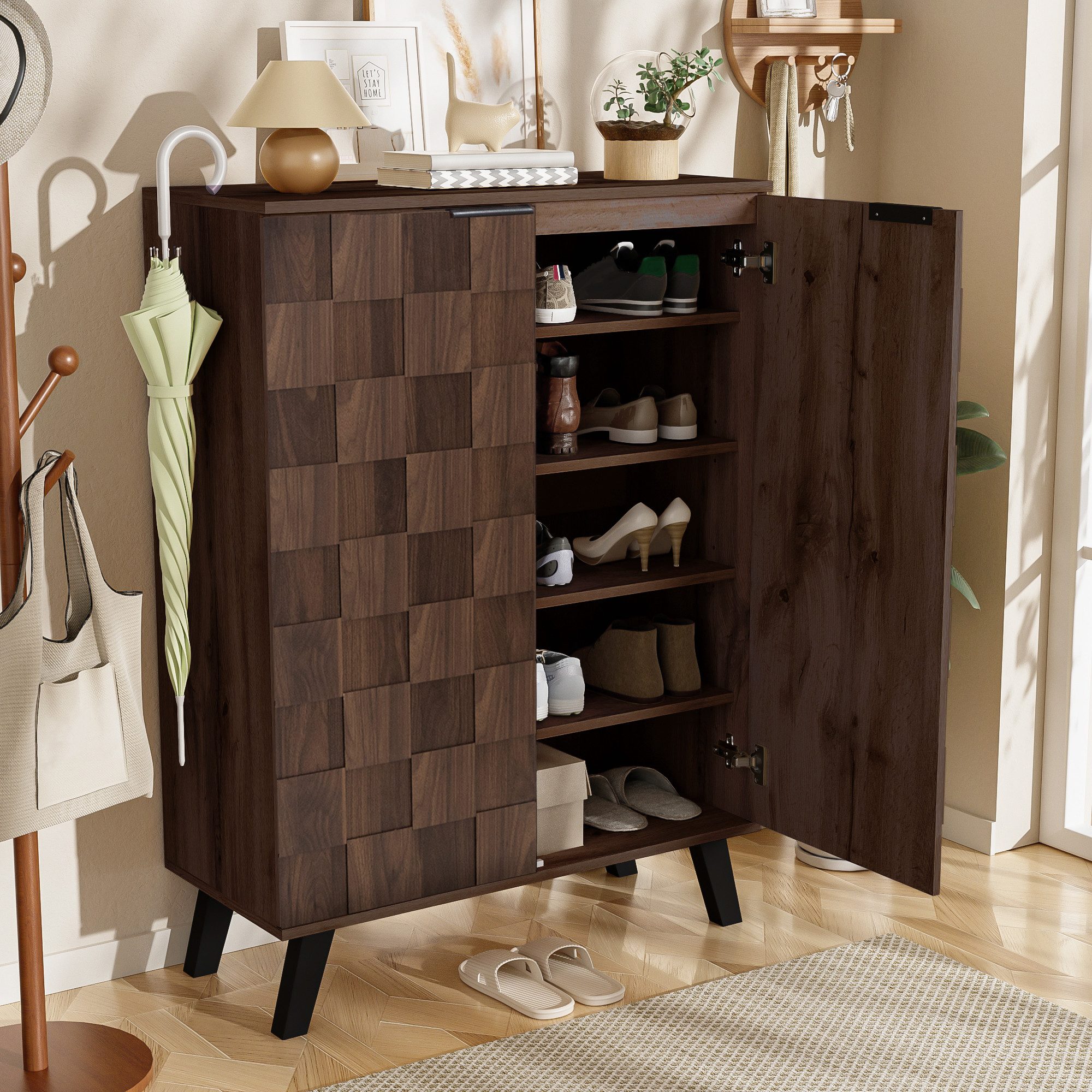 Merax Schuhschrank in Holzoptik/Walnuss und schwarzen Griffen (80,5×35×109,5 cm, 1-St., kompakter Flur-Schrank für organisierte Schuhaufbewahrung) Kommode mit 5 – Bild 4 von 5