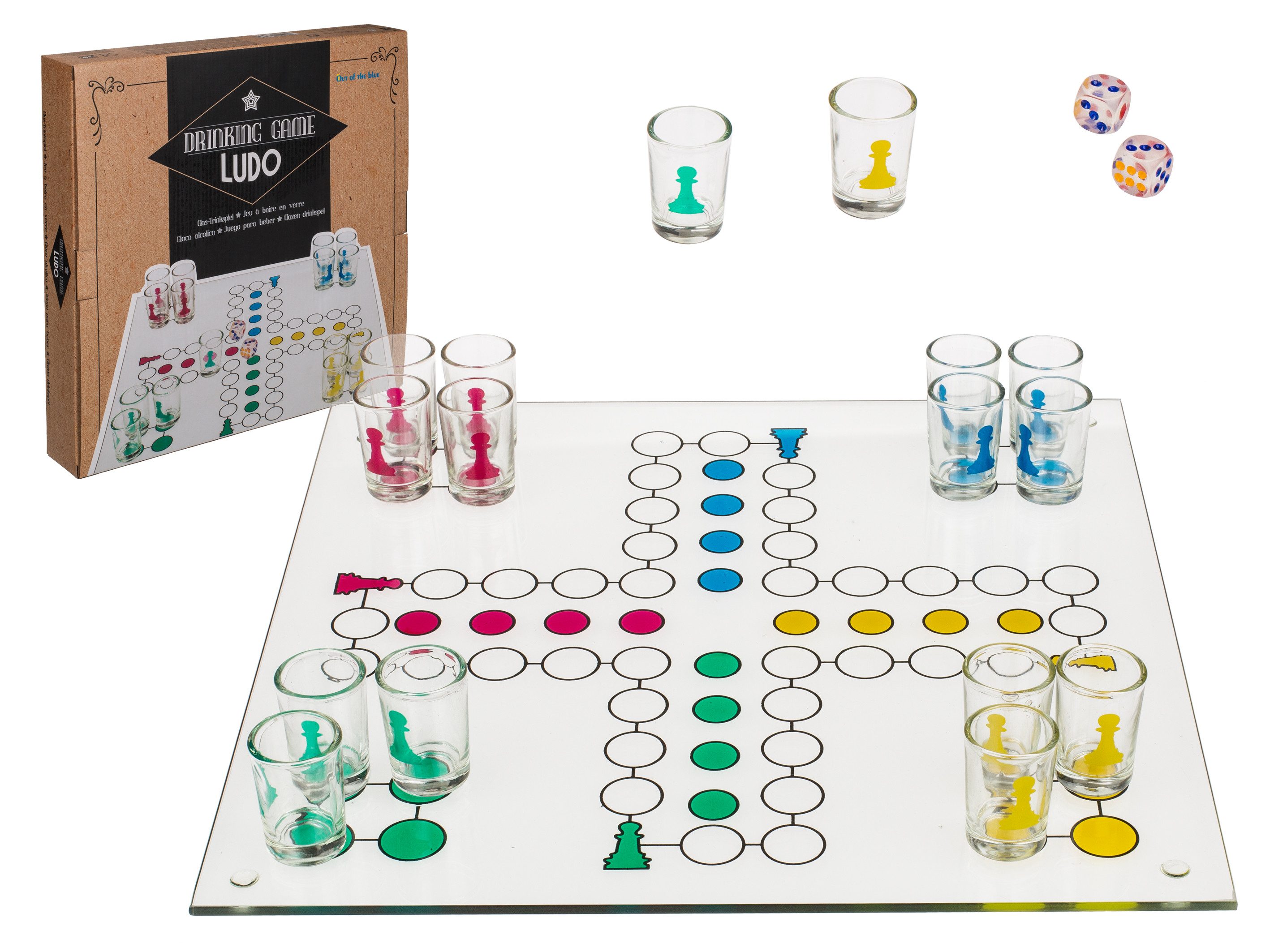 Out of the Blue Hängedekoration Glas-Trinkspiel 'Ludo', 16 Gläser & 2 Würfel