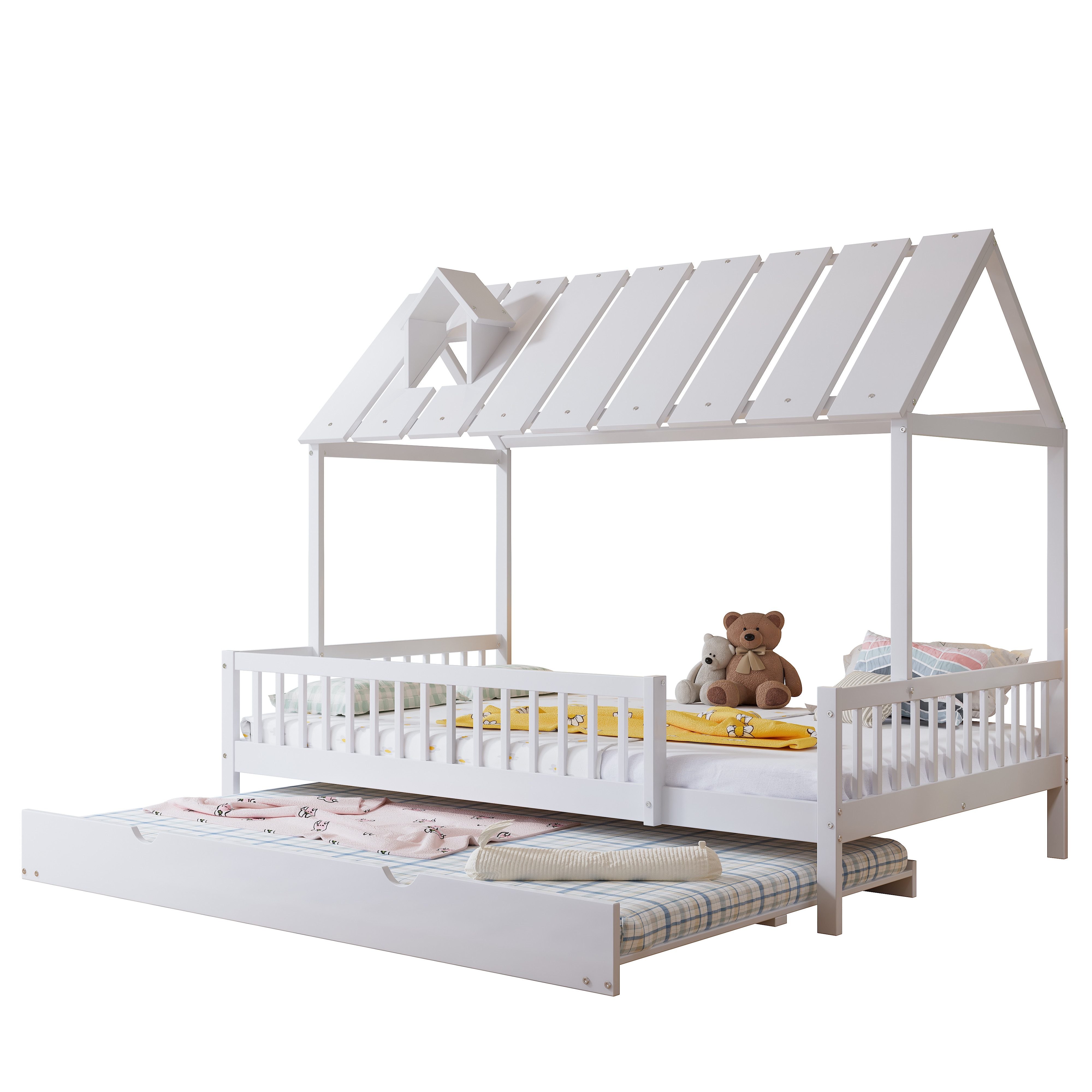 Flieks Kinderbett, Hausbett 120x200cm mit Ausziehbett 120x190cm und Dach mit Kaminleiste