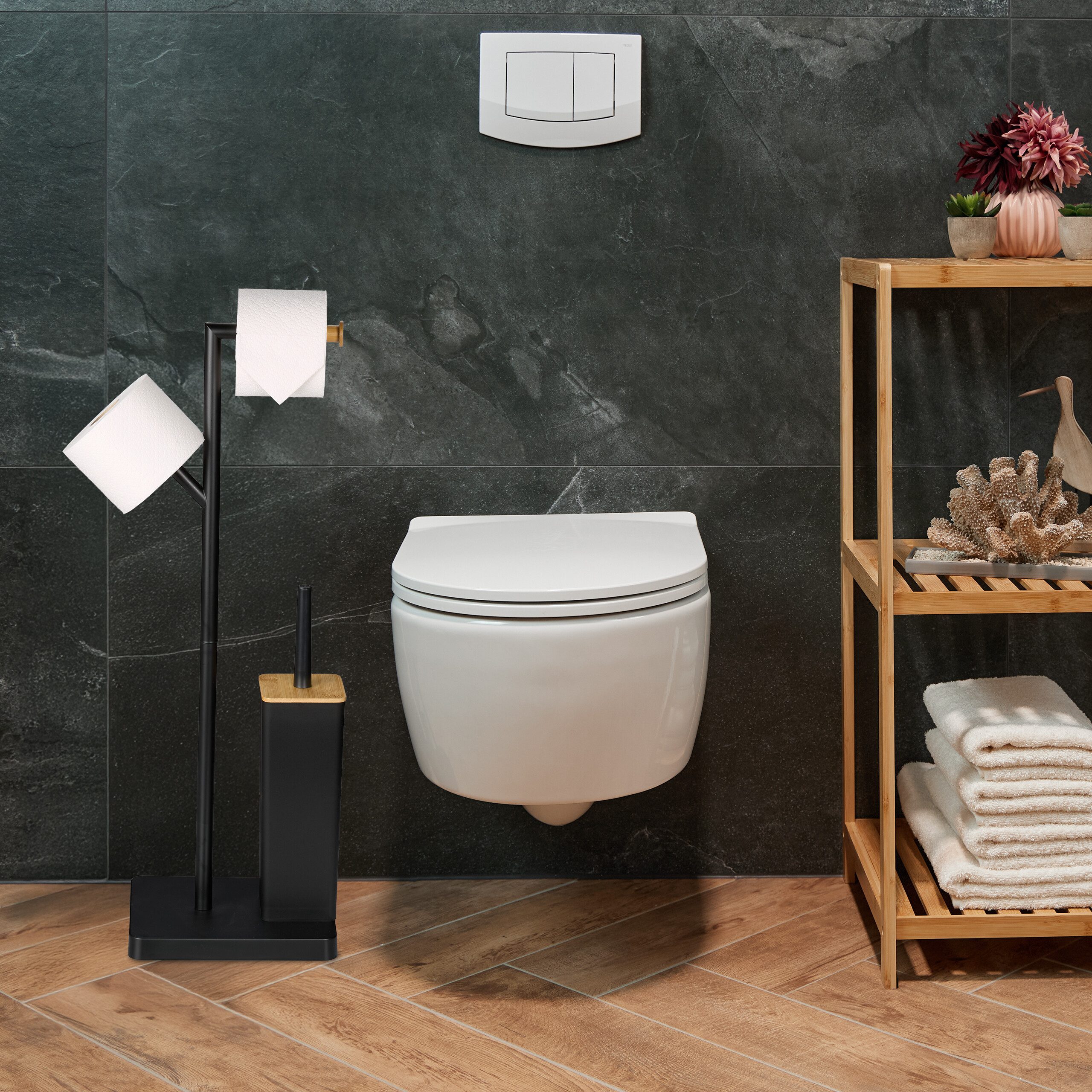 relaxdays WC-Garnitur Bambus & Edelstahl, Schwarz günstig online kaufen