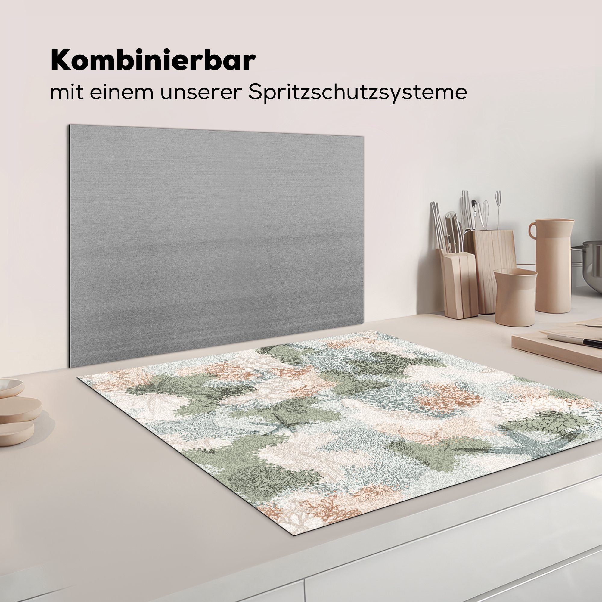 Ceranfeldabdeckung, Vinyl, küche MuchoWow tlg), cm, 78x78 (1 - Herdblende-/Abdeckplatte Strand Farben, Arbeitsplatte Koralle - für