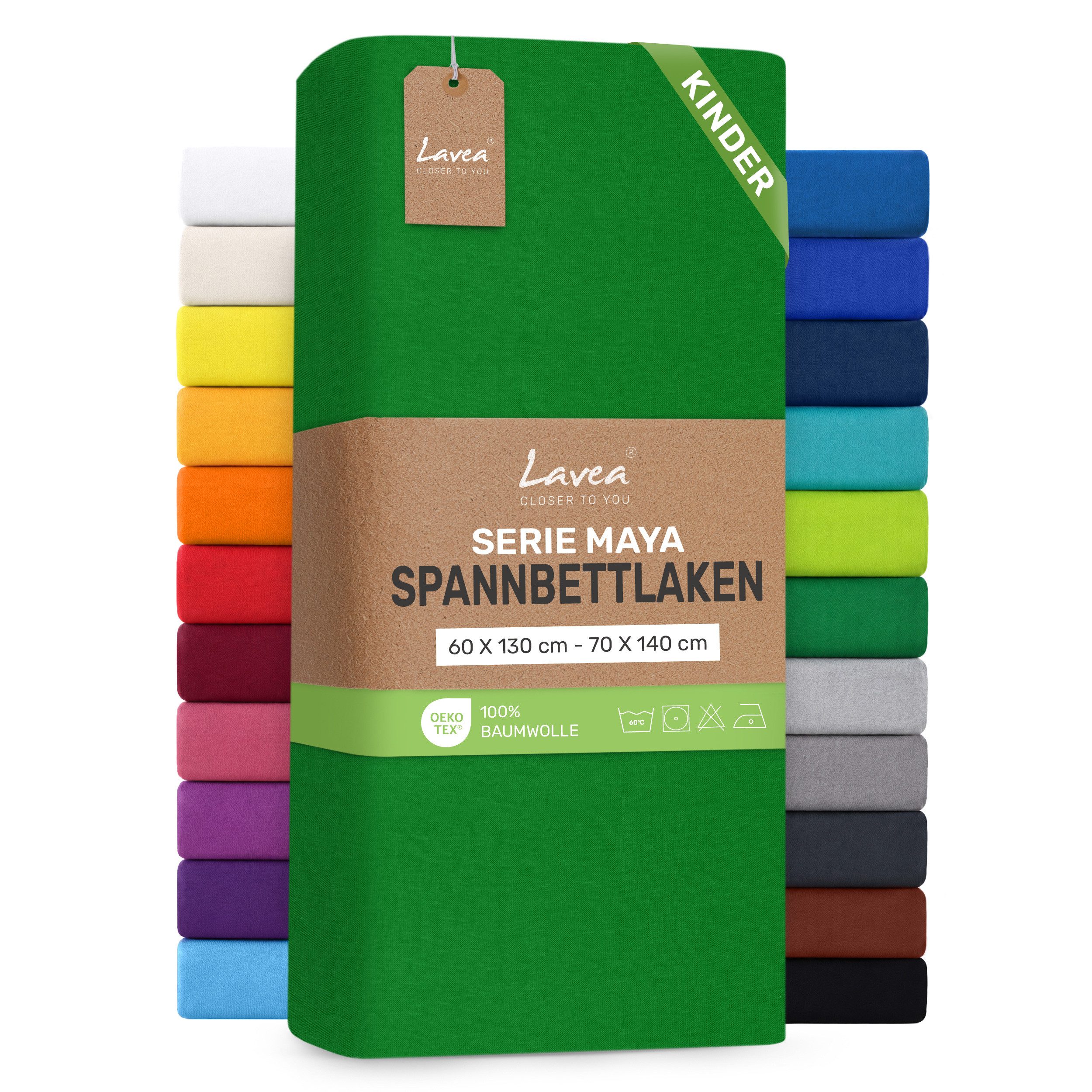 Lavea Spannbettlaken Bettlaken Maya, 180x200cm, 200x200cm, 140x200cm, 160x200cm, 100% Baumwolle Jersey, Gummizug: rundum, (1 Stück), für Matratzen, Topper, Boxspring- und Wasserbetten, weich, langlebig