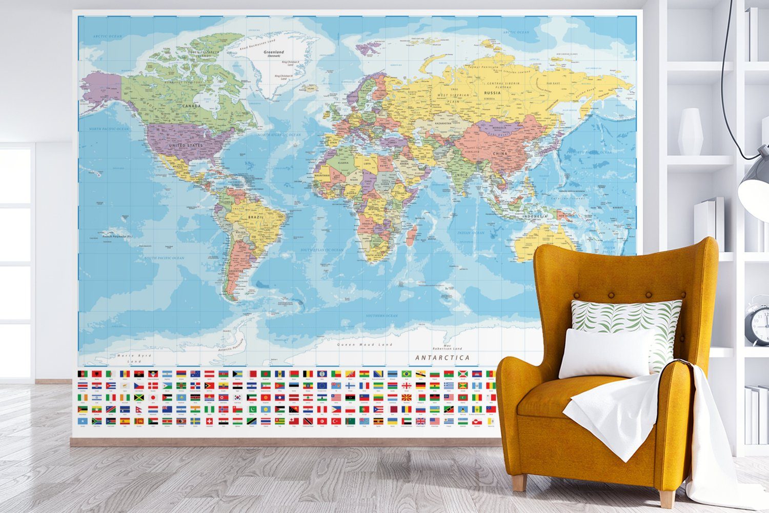 Wohnzimmer, Wallpaper Flagge, Tapete Kinderzimmer, MuchoWow Karte Welt bedruckt, - Vinyl (6 Fototapete Farben Schlafzimmer, - - Matt, St), für