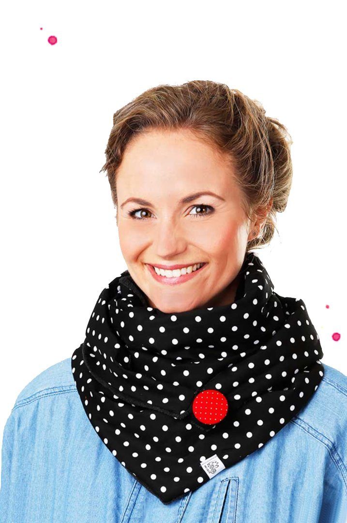WISHPROJECT® Modetuch Damen Tuch, Schwarz mit Weißen großen Punkten, XXL Schal, Loopschal, Rundschal, Kapuzenschal, Schlauchschal, Bolero, Stola Vielseitig tragbar Variierbar mittels Knopf und Schlaufe, Hergestellt in Deutsch