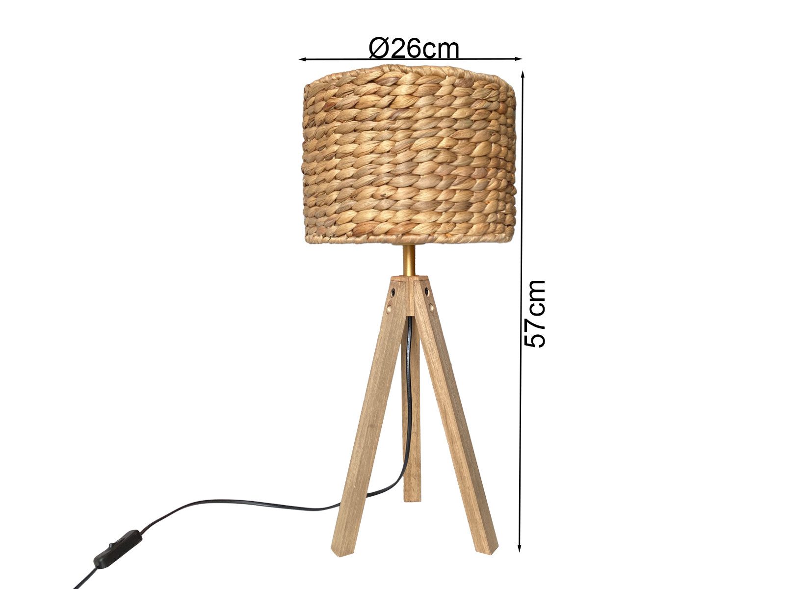 meineWunschleuchte Tischleuchte mit Holz & Wasserhyazinthe, Höhe 57cm, ohne Leuchtmittel, große Boho Tischlampe skandinavisch mit Holzfuß & E27 Korb Schirm – Bild 4 von 5