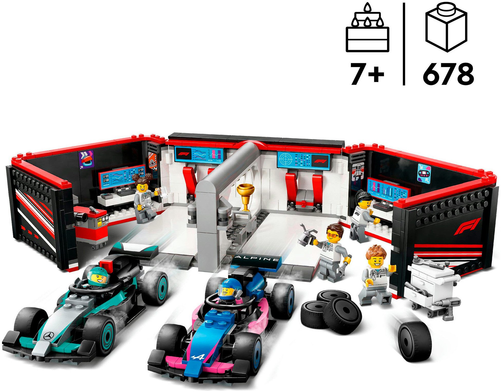 LEGO® F1® Garage mit Mercedes-AMG & Alpine Rennautos (60444), LEGO City Konstruktionsspielsteine, (678 St), Made in Europe