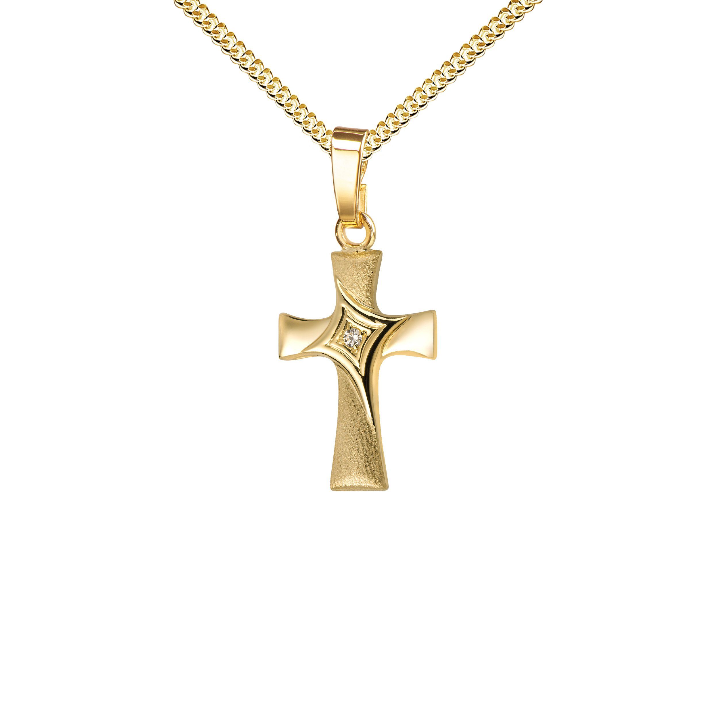 JEVELION Kreuzkette kleiner Kreuzanhänger 333 Gold mit Zirkonia - Made in Germany (Goldkreuz, für Damen und Kinder), Mit Kette vergoldet- Länge wählbar 36 - 70 cm oder ohne Kette.