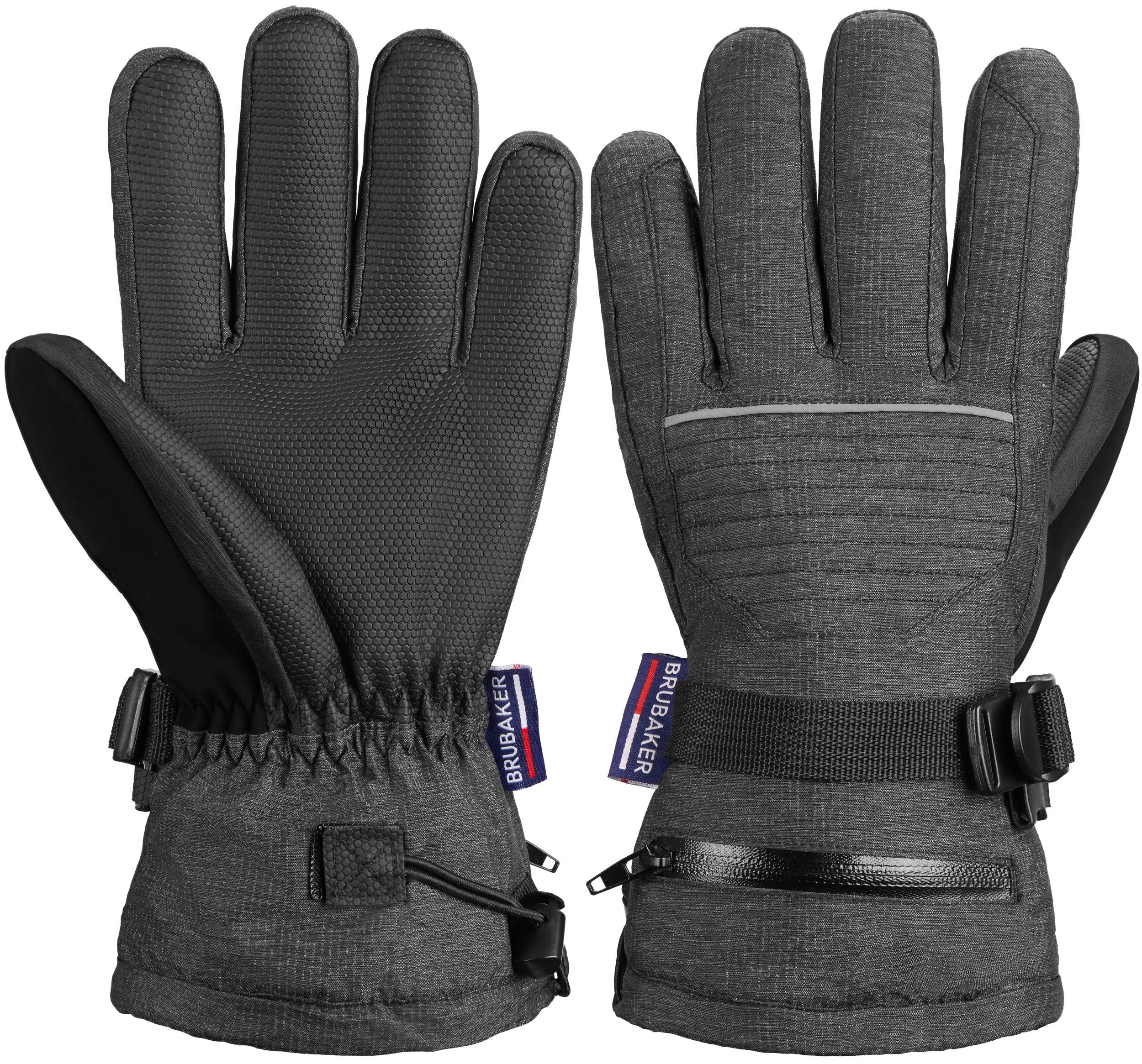 BRUBAKER Skihandschuhe Thermo Handschuhe für Ski Snowboard Wintersport (mit Reißverschluss-Tasche) Wasserdicht und Winddicht – Winterhandschuhe für Herren und Damen - Extra Warme Snowboardhandschuhe