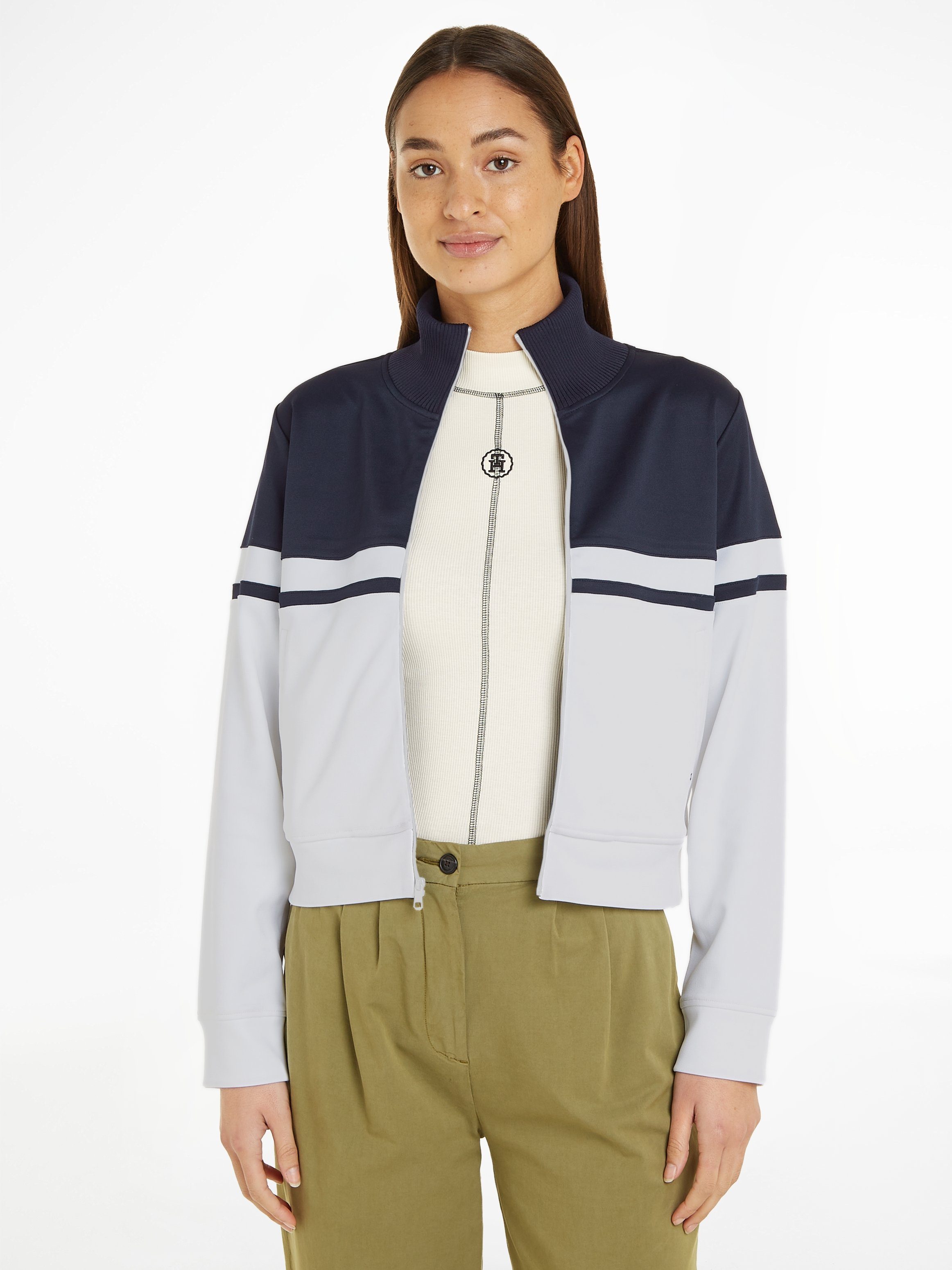 Tommy Hilfiger Sweatjacke BLOCKED STRIPE REG ZIPTHRU HWK mit Logostickerei Desert_Sky