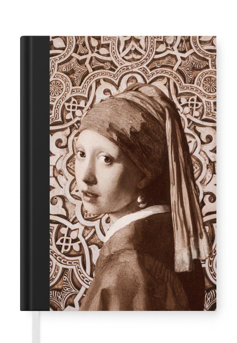 MuchoWow Notizbuch Das Mädchen mit dem Perlenohrring - Johannes Vermeer - Sepia, Journal, Merkzettel, Tagebuch, Notizheft, A5, 98 Seiten, Haushaltsbuch