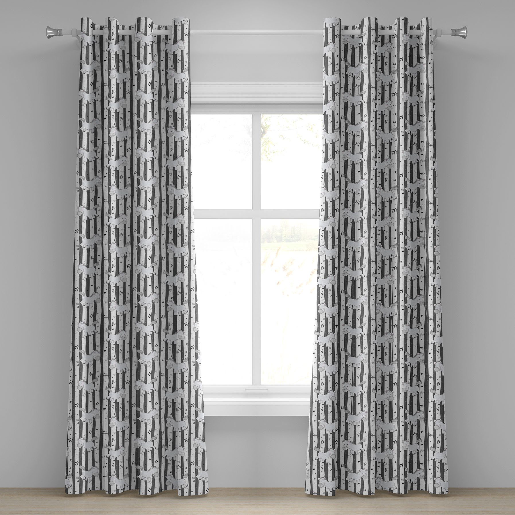 Gardine Dekorative 2-Panel-Fenstervorhänge für Schlafzimmer Wohnzimmer, Abakuhaus, Star Lustiges Pony Stripes Doodle