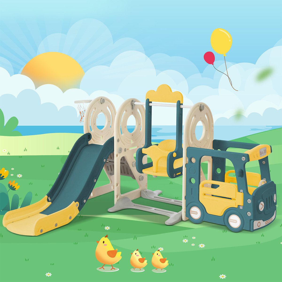 Rutsche 5 in 1 Kinderrutsche mit Bus Schaukel Rutsche Trittleiter