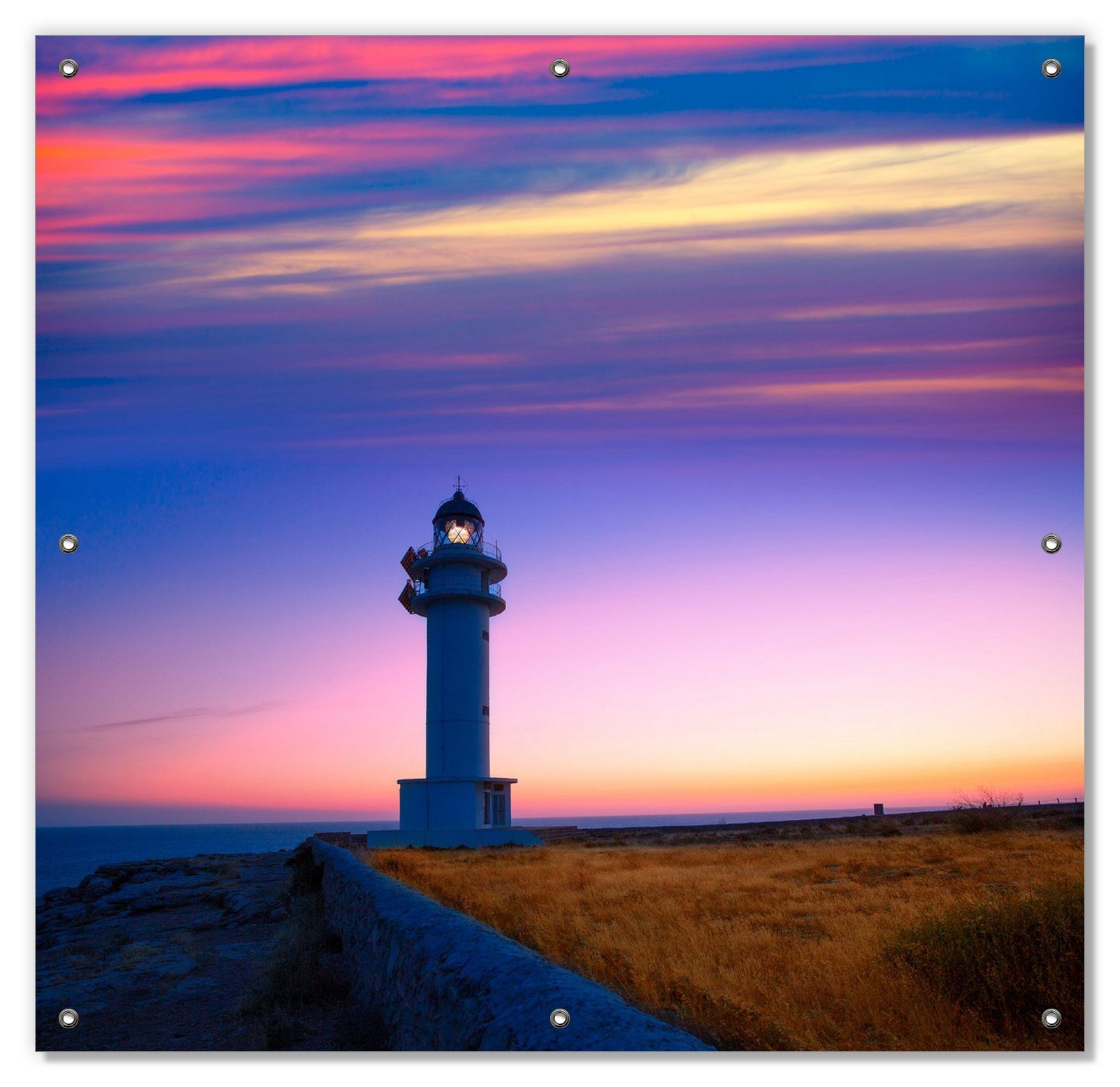 Sonnenschutz Leuchtturm am Abend auf den Balearen Malerischer Himmel, Wallario, blickdicht, mit Saugnäpfen, wiederablösbar und wiederverwendbar