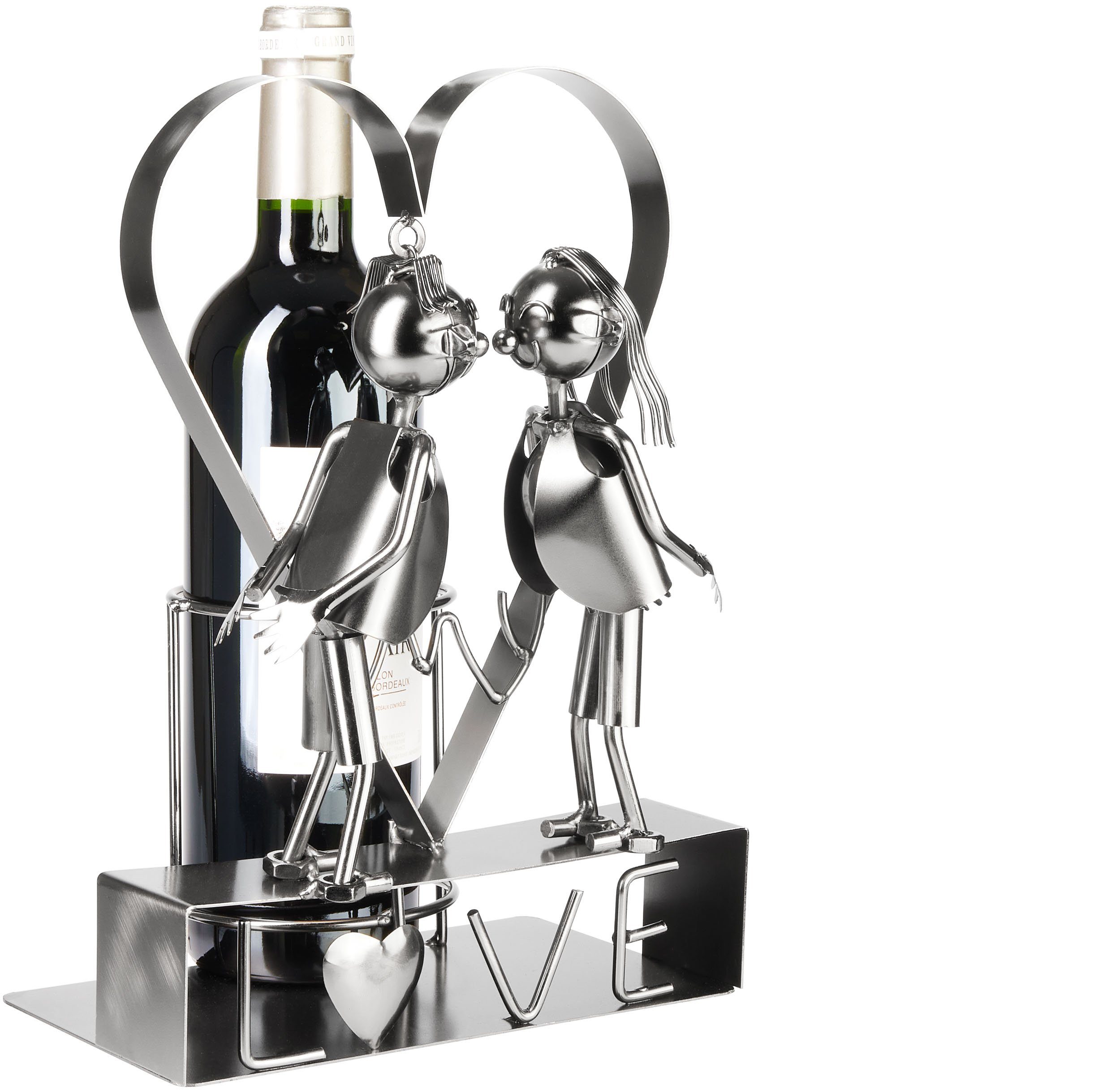 BRUBAKER Weinflaschenhalter LOVE Liebespaar im großen Herz - Metall Flaschenhalter, (Flaschenständer mit Grußkarte, 1-St., zum Valentinstag, Hochzeit oder Geburtstag), 29 cm Wein Geschenk für Paare