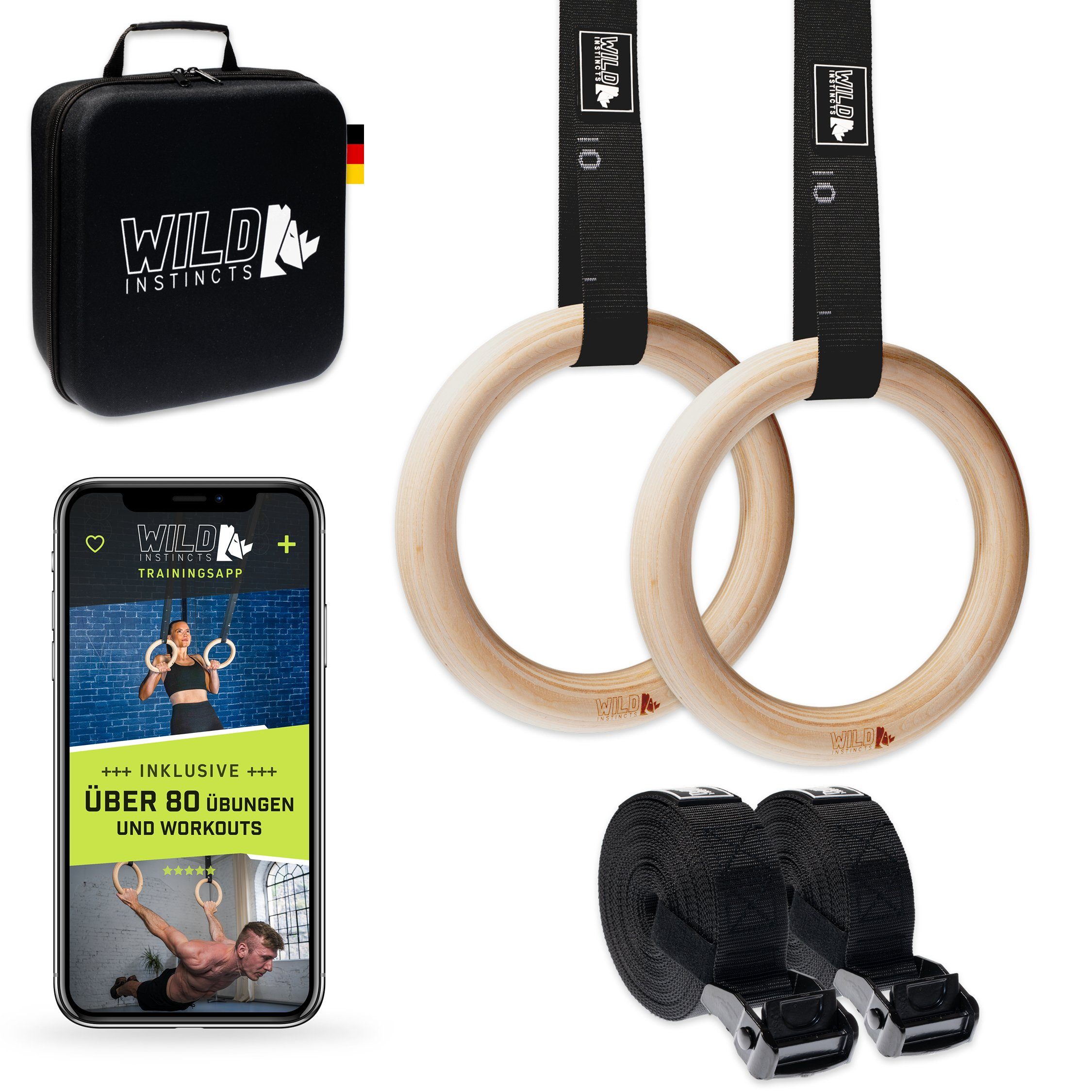 Wild Instincts Trainingsring Turninge aus Holz 32mm/ Calisthenics-Ringe / / Gymnastikringe (Set, 2 Birkenholzringe, 2 Gurtbänder, passgenaue Tasche inklusive WebApp), Holzringe zum Turnen und Trainieren