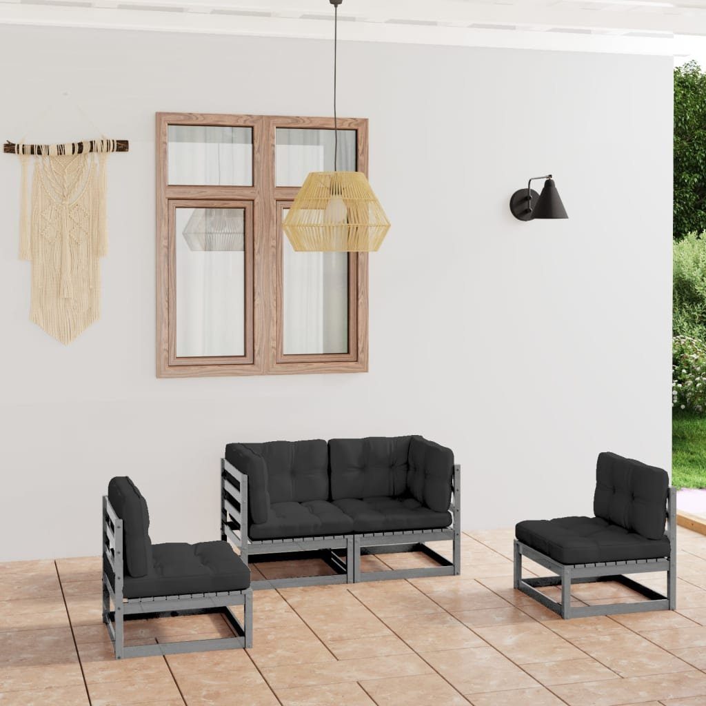 vidaXL Gartenlounge-Set 4-tlg. Garten-Lounge-Set mit Kissen Kiefer Massivholz, (1-tlg) Grau