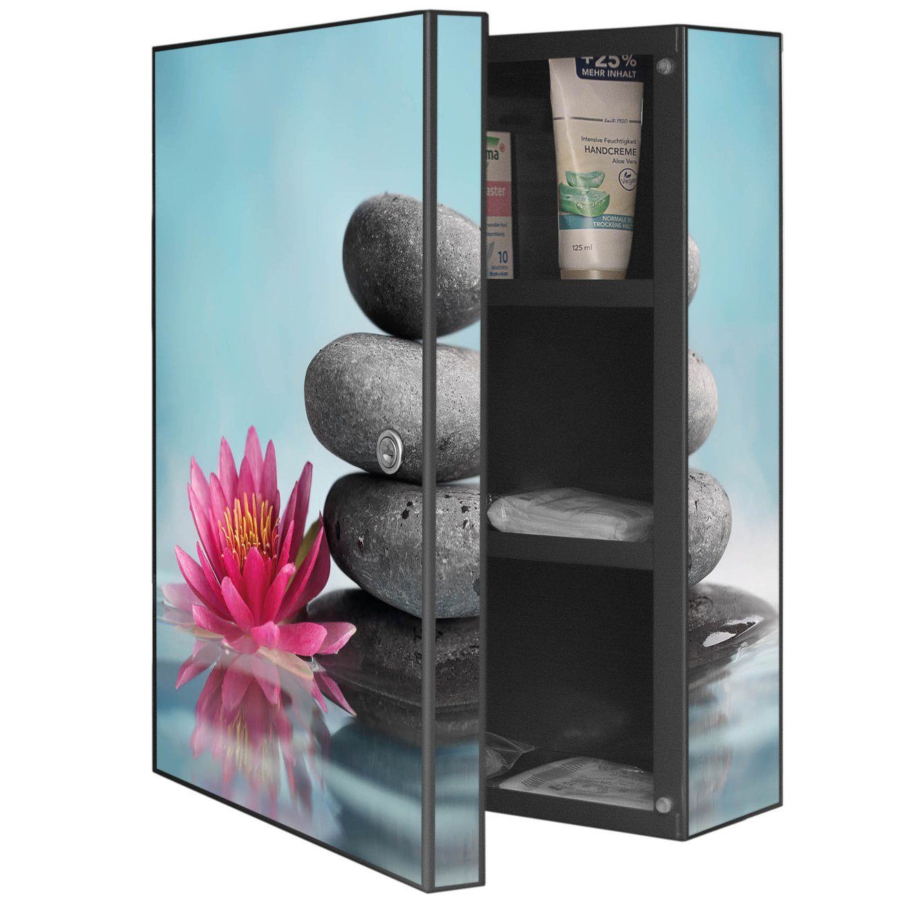 banjado Medizinschrank Stahl Lotus 15cm x schwarz 46 Fächer) und Und (abschließbar, große 3 kleine 2 Steine x 35