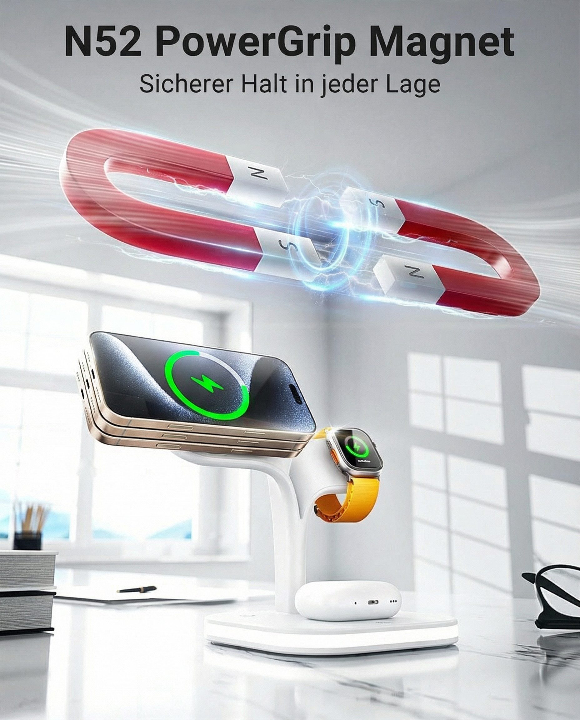 GreenHec Ladestation 3in1 MagSafe Ladegerät Kabellos Induktiv Charger Stand Wireless Charger (3 mA, Spar-Set, 3in1 PowerBase + USB-C Kabel + 20w Dual Charger, i – Bild 3 von 5