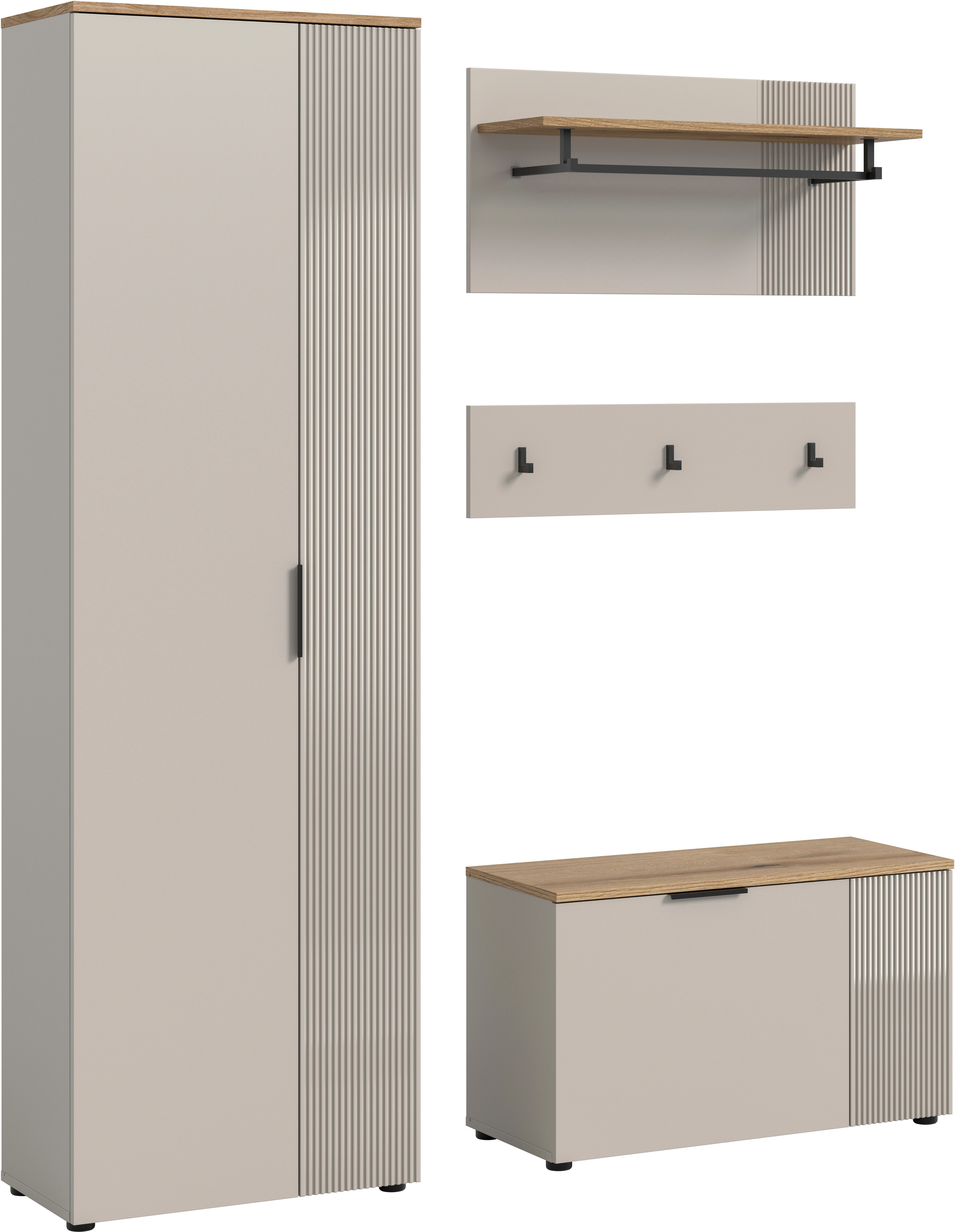 Home affaire Garderoben-Set EDIL, Breite 155 cm, 4-teilig, Front mit hochwertiger Längstfräsung, (Set, 3-St., best. aus: Hochschrank, Sitzbank, Paneel & Hakenleiste), Garderobenkombination, Kombination, Set, Garderobe, Flurgarderobe