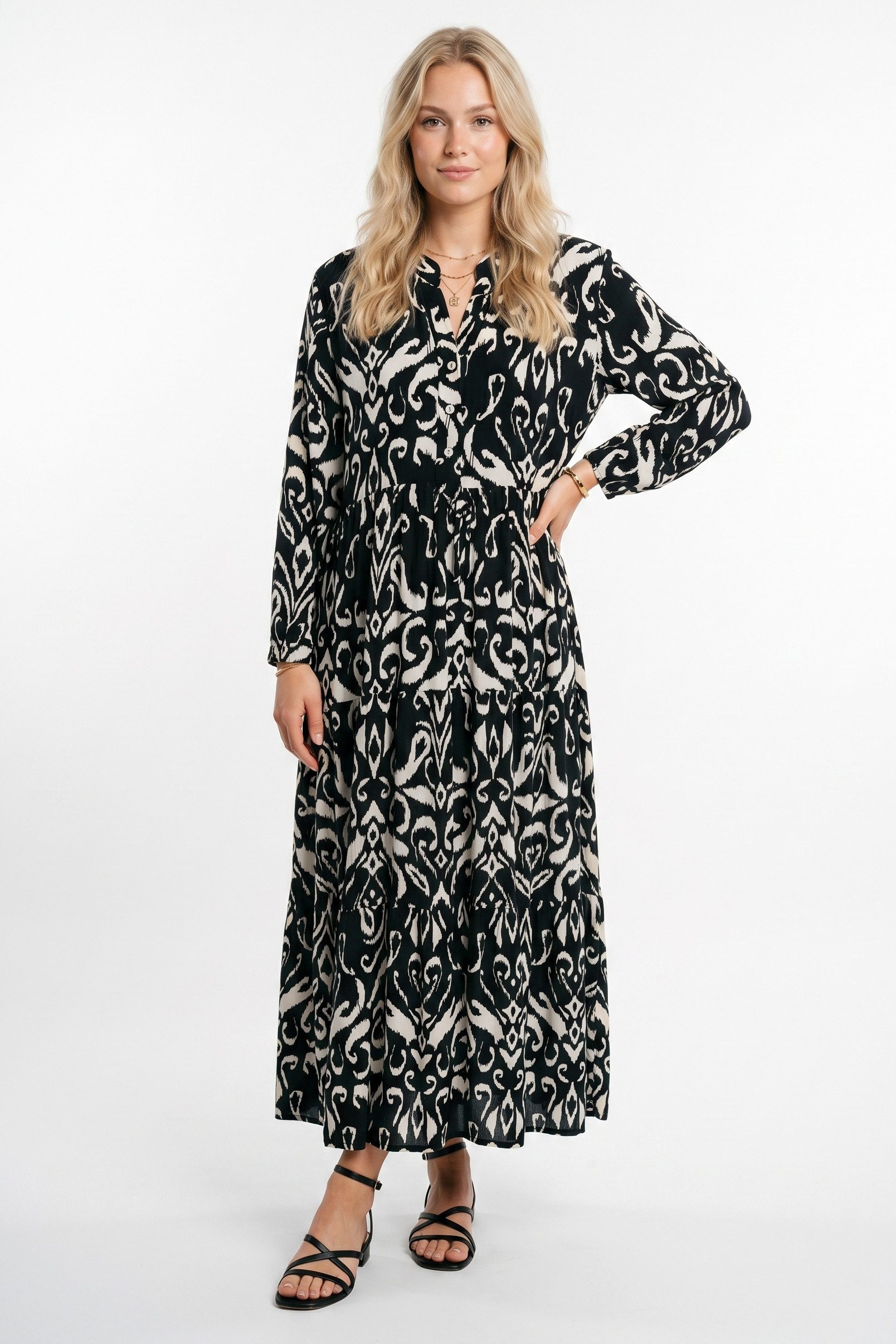 Kendindza Collection Sommerkleid Sommerkleid Damen Lang Viskose Elegantes Maxikleid lang Maxi Kleid Ikat-Print Knopfleiste & Schnurbund, Luftig Leicht