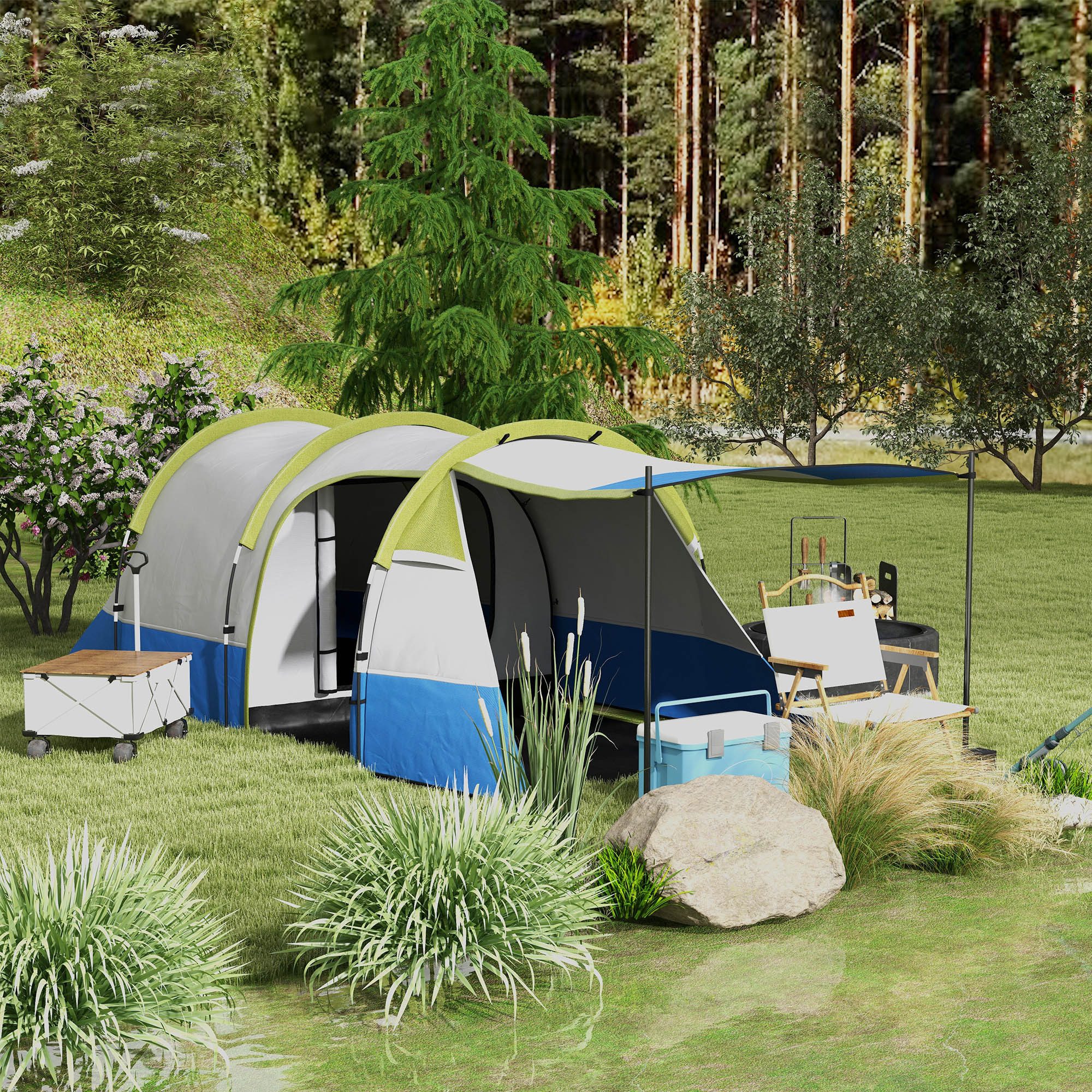 furnicato Gruppenzelt Tunnelzelt 4 Personen 420x200x150 cm Grün, (1 tlg), Wasserdichtes Zelt mit 3 Türen, Bodenplane und Laternenhaken