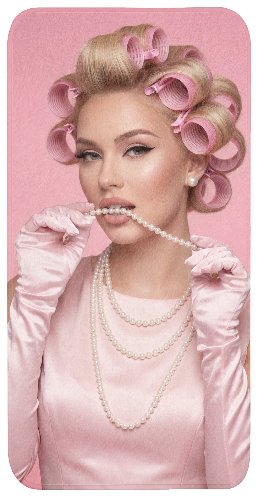 OnlyWow Badematte Frau - Rosa - Perlenkette - Lockenwickler, Höhe 10 mm, Polyester, Rechteckig, Badezimmerteppich, Badteppich, Rutschfest, Duschvorleger, Badläufer