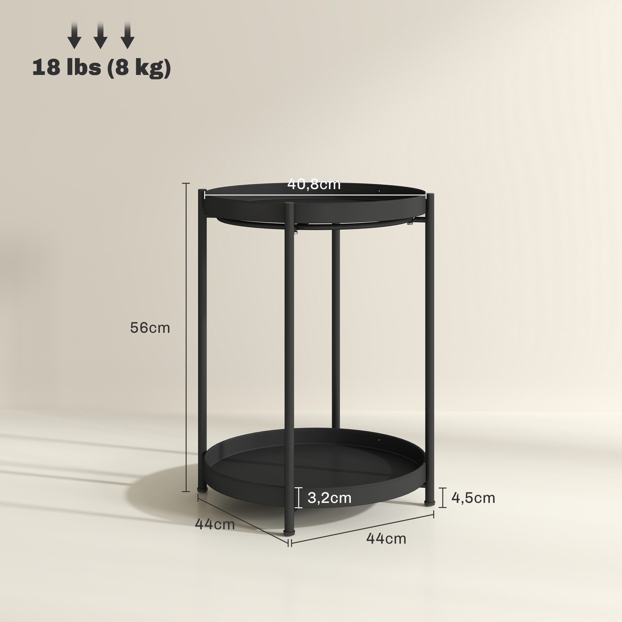 HOMCOM Beistelltisch mit 2 Ablage, Rund (Couchtisch, 1-St., Kaffeetisch), für Wohnzimmer, Schlafzimmer, 44 x 44 x 56 cm, Stahl, Schwarz