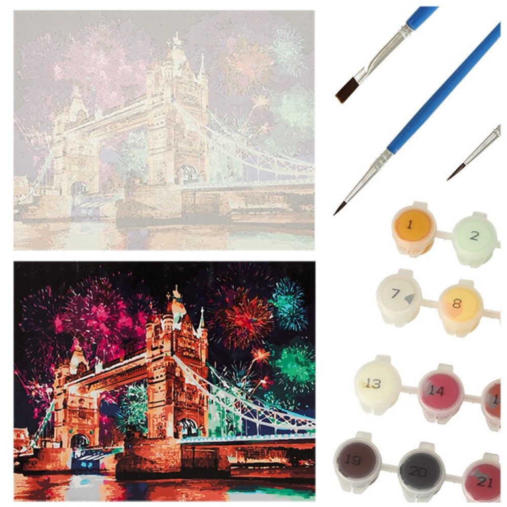 Ikonka Malen nach Zahlen Malen nach Zahlen Set 40x50cm - London Tower Bridge auf Leinwand (Malen nach Zahlen auf Leinwand Set, 1x Malen nach Zahlen auf Leinwand Komplettset), Hochwertiges London Tower Bridge -Malen-nach-Zahlen: Einfach