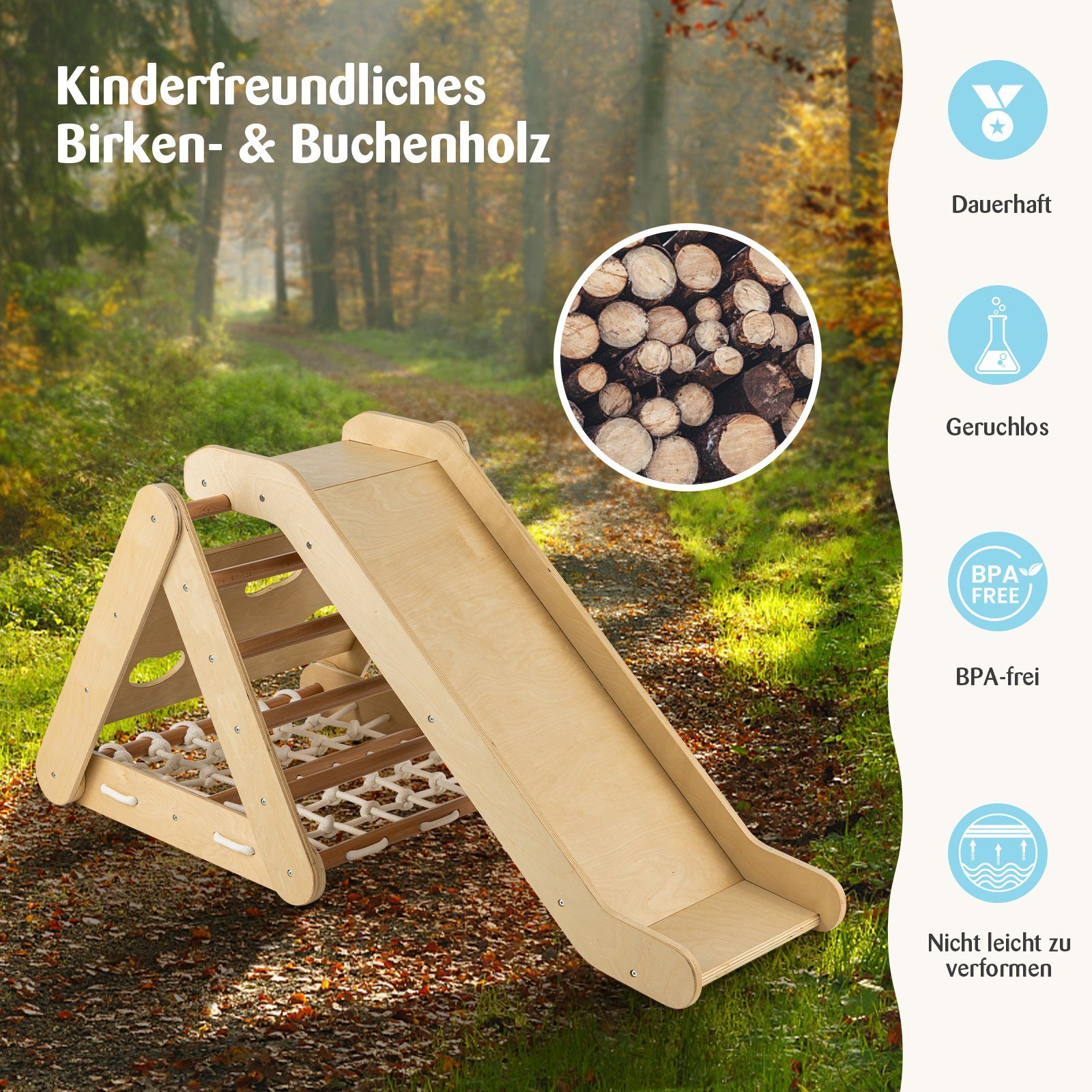 COSTWAY Klettergerüst 4 in 1 Kletterdreieck, mit Rutsche, aus Holz günstig online kaufen