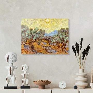 Posterlounge Acrylglasbild Vincent van Gogh, Olivenbäume mit gelbem Himmel und Sonne, Wohnzimmer Mediterran Malerei