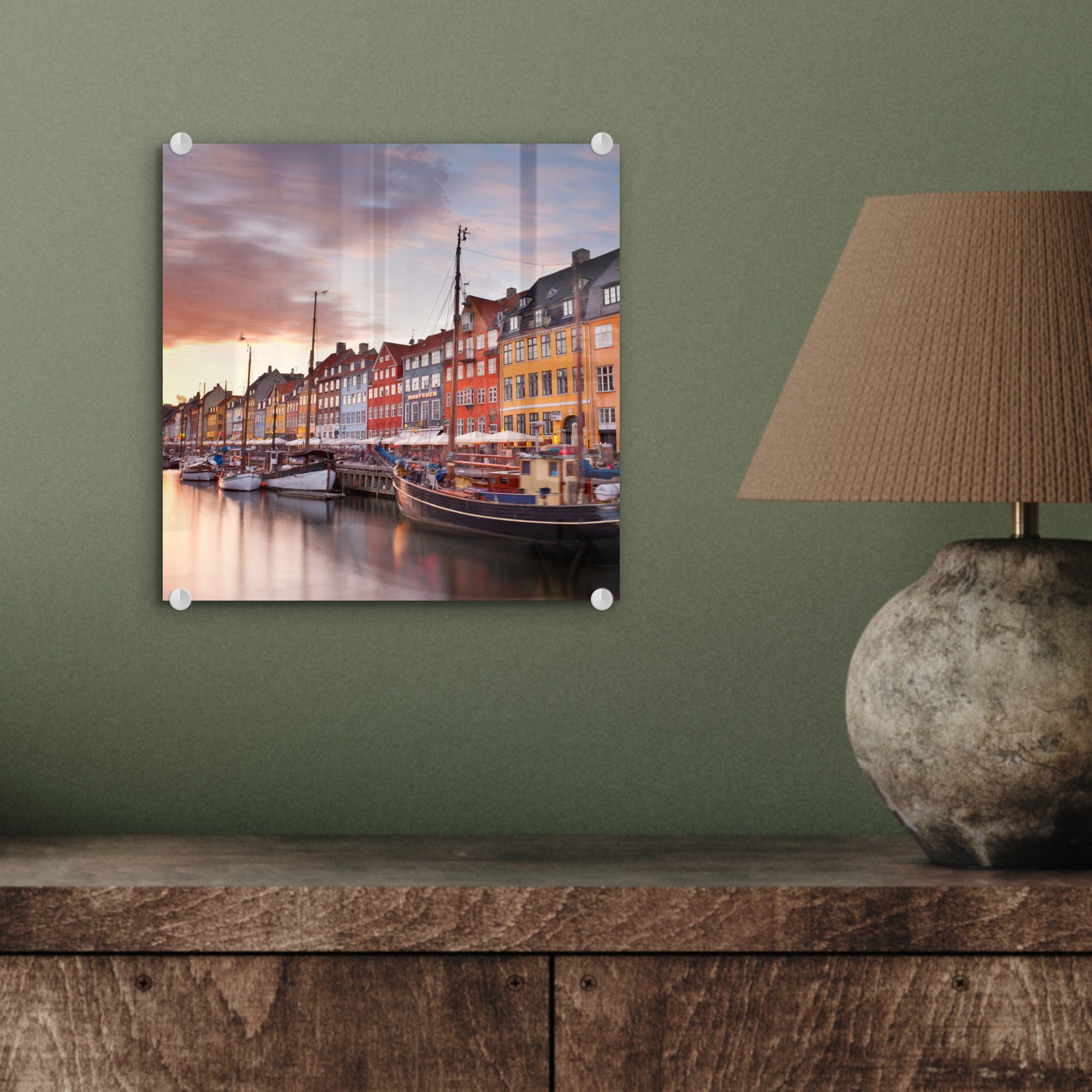 MuchoWow Acrylglasbild Sonnenuntergang in auf auf - Glas Kopenhagen - Glasbilder Bilder Dänemark, Nyhavn - Glas (1 St), Foto Wanddekoration - Wandbild