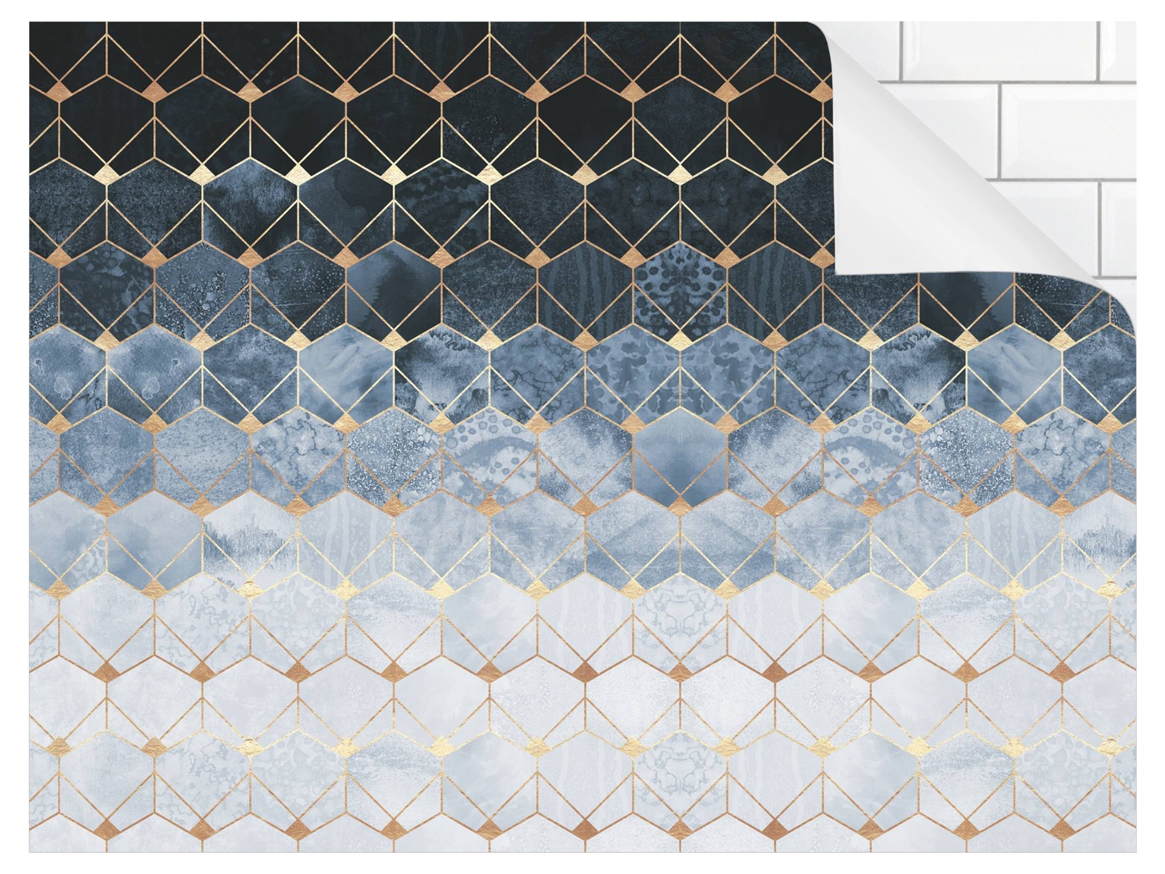 Bilderdepot24 Küchenrückwand gold dekor Abstrakt Aquarell Kunst Muster Blaue Geometrie Art Deco, (1-tlg., Nischenrückwand - für Fliesenspiegel ohne Bohren - matt), Spritzschutz Rückwand Küche Herd - Folie selbstklebend versch. Größen
