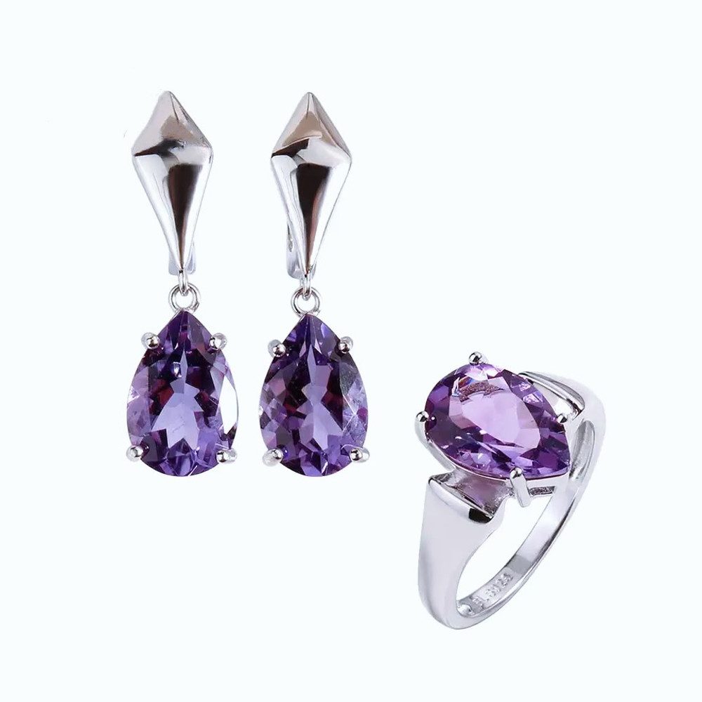 Runde Perlé Schmuckset Luxus Schmuckset natürlicher lila Amethyst, elegante Ohrringe und Ring Schmuckset, 925er Silber, Amethyst