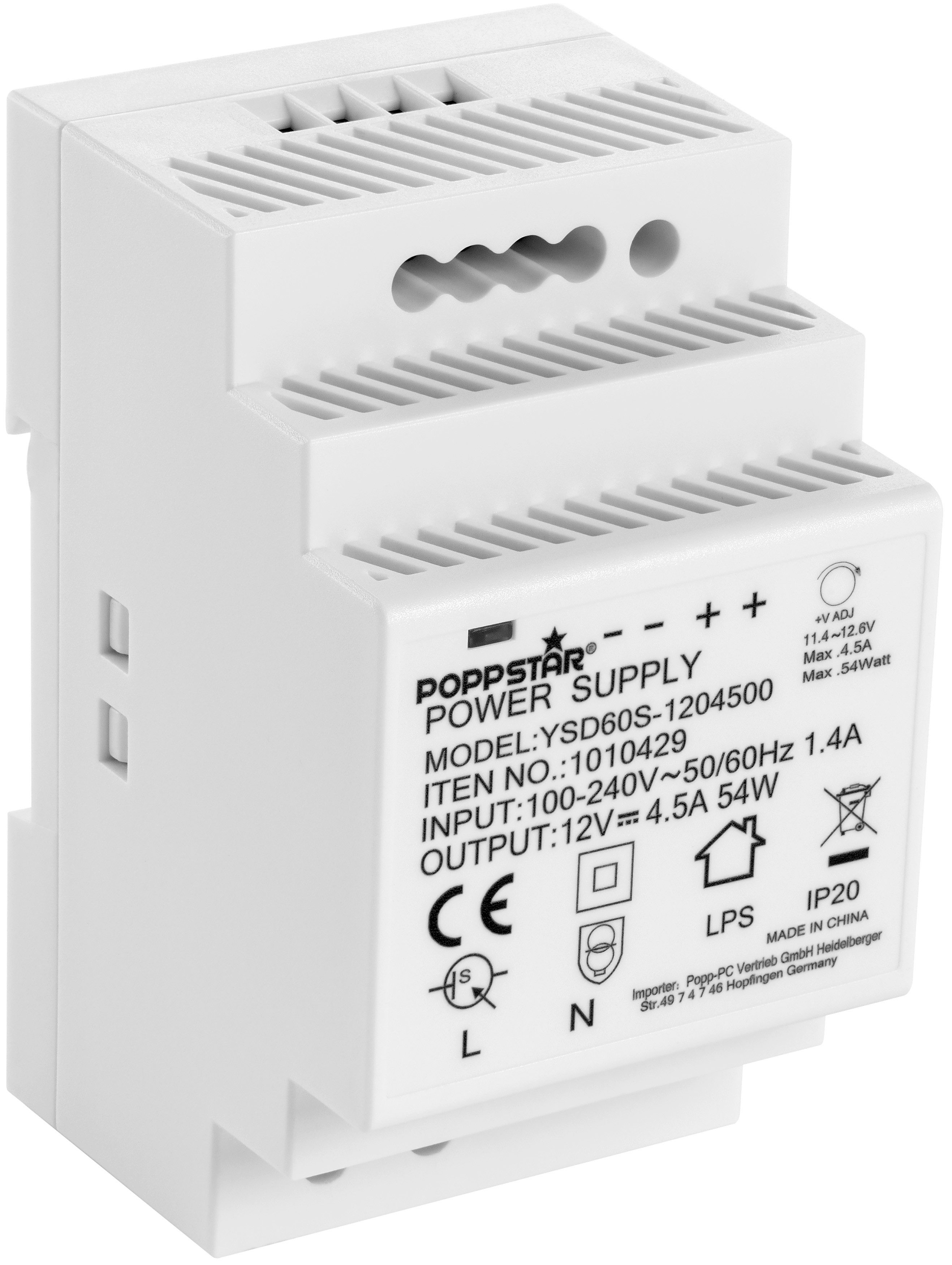 Poppstar DIN Rail Netzteil 12V 54 Watt Hutschienen-Netzteil (Klingeltrafo (Input 100-240V AC, Output 12 V DC 4,5 A 54 W)