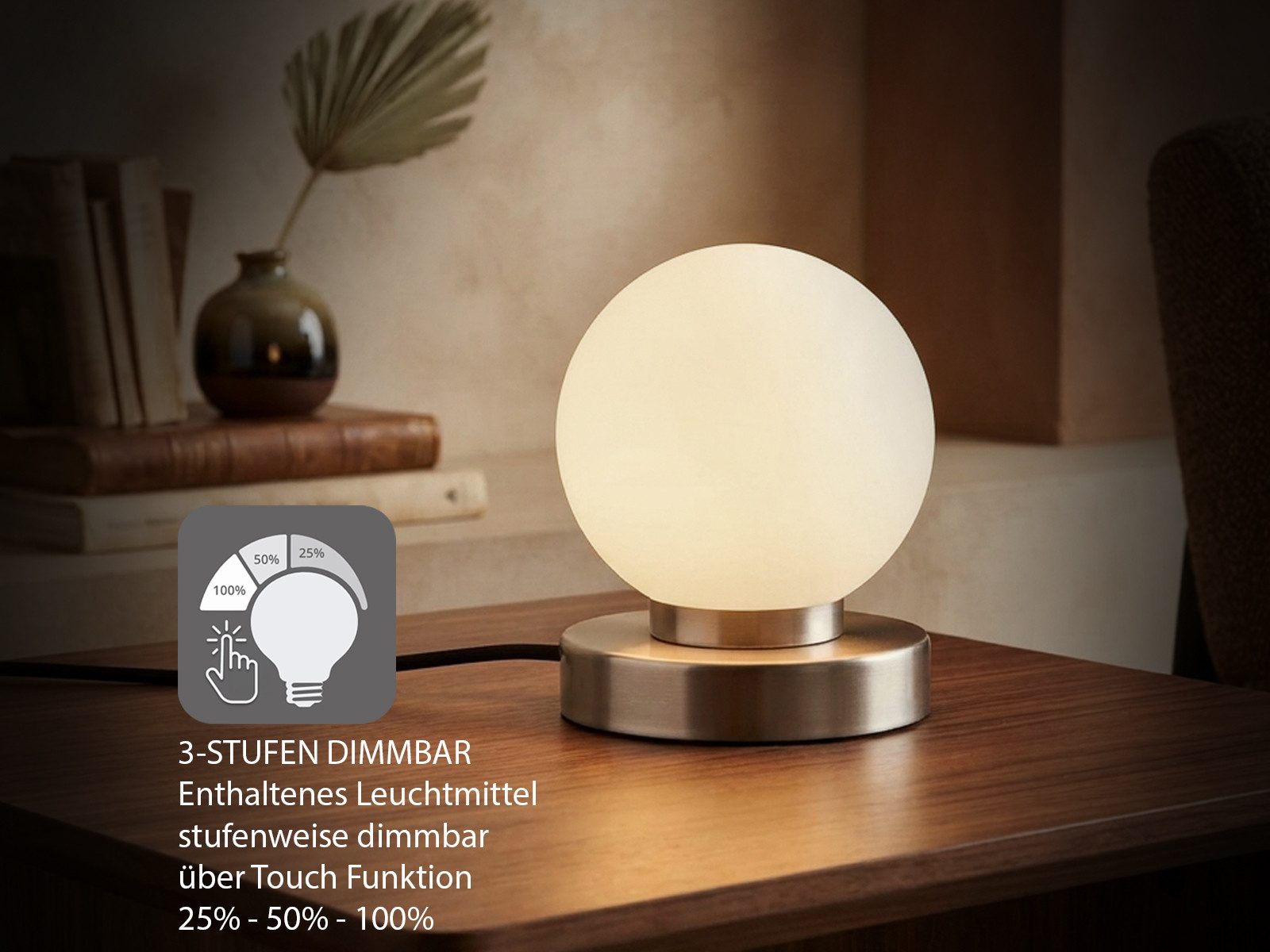 Reality Leuchten LED Nachttischlampe touch Kugel-Lampe, Höhe 15cm, dimmbar, LED wechselbar, Warmweiß, kleine Tischlampe mit Glas-Kugel, Tischleuchte inkl. E14 L – Bild 3 von 5