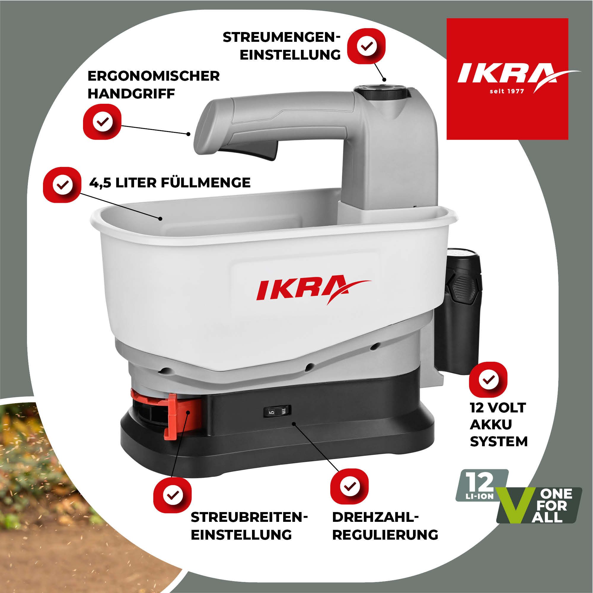 ikra GmbH Streuwagen IAST 12, 4,5 l Füllmenge, (mit Akku & Ladergerät), universaler 12V Akku Handstreuer für Dünger, Saatgut und Streusalz – Bild 2 von 5