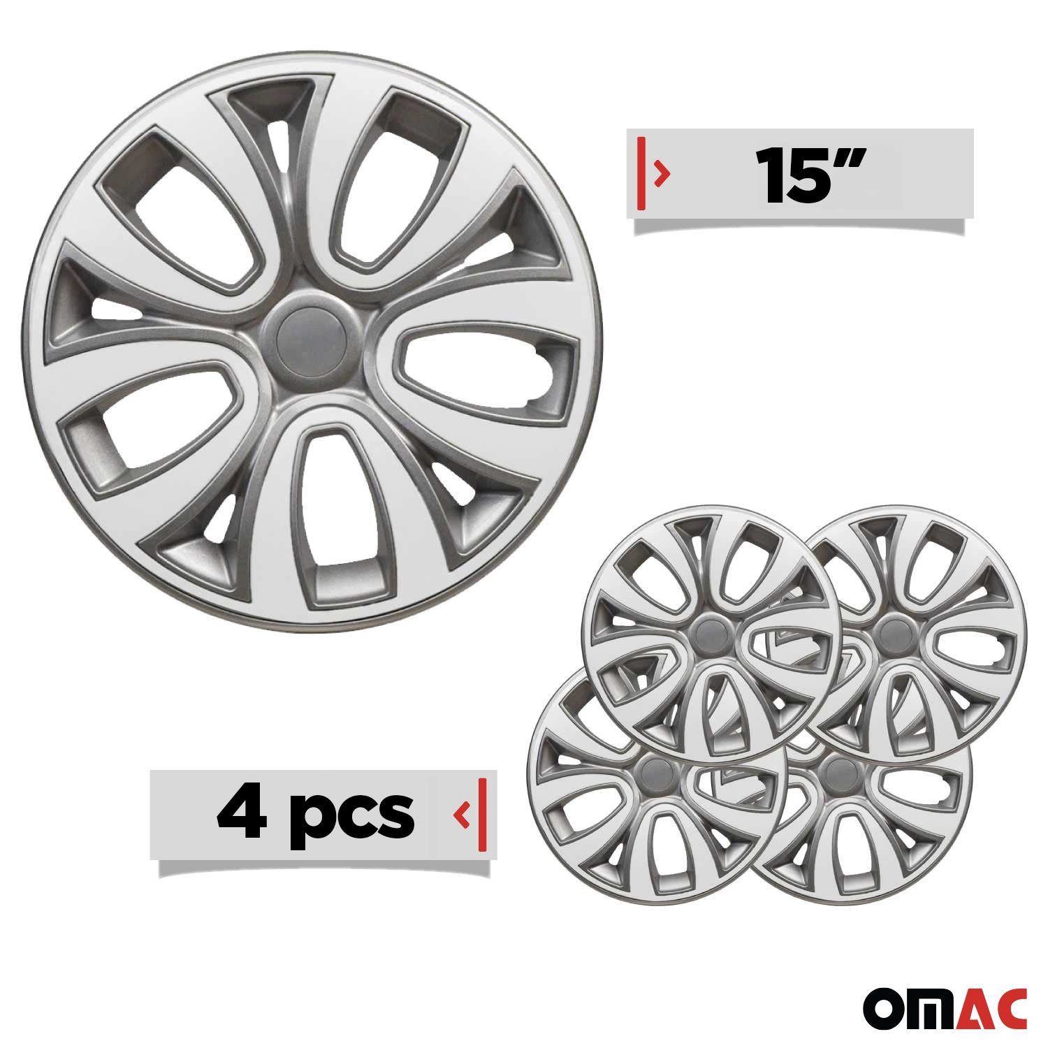 OMAC Wheel Covers 15 inch Grey & White 4-piece set, (4-pcs) Easy installation, lightweight, car wash safe
