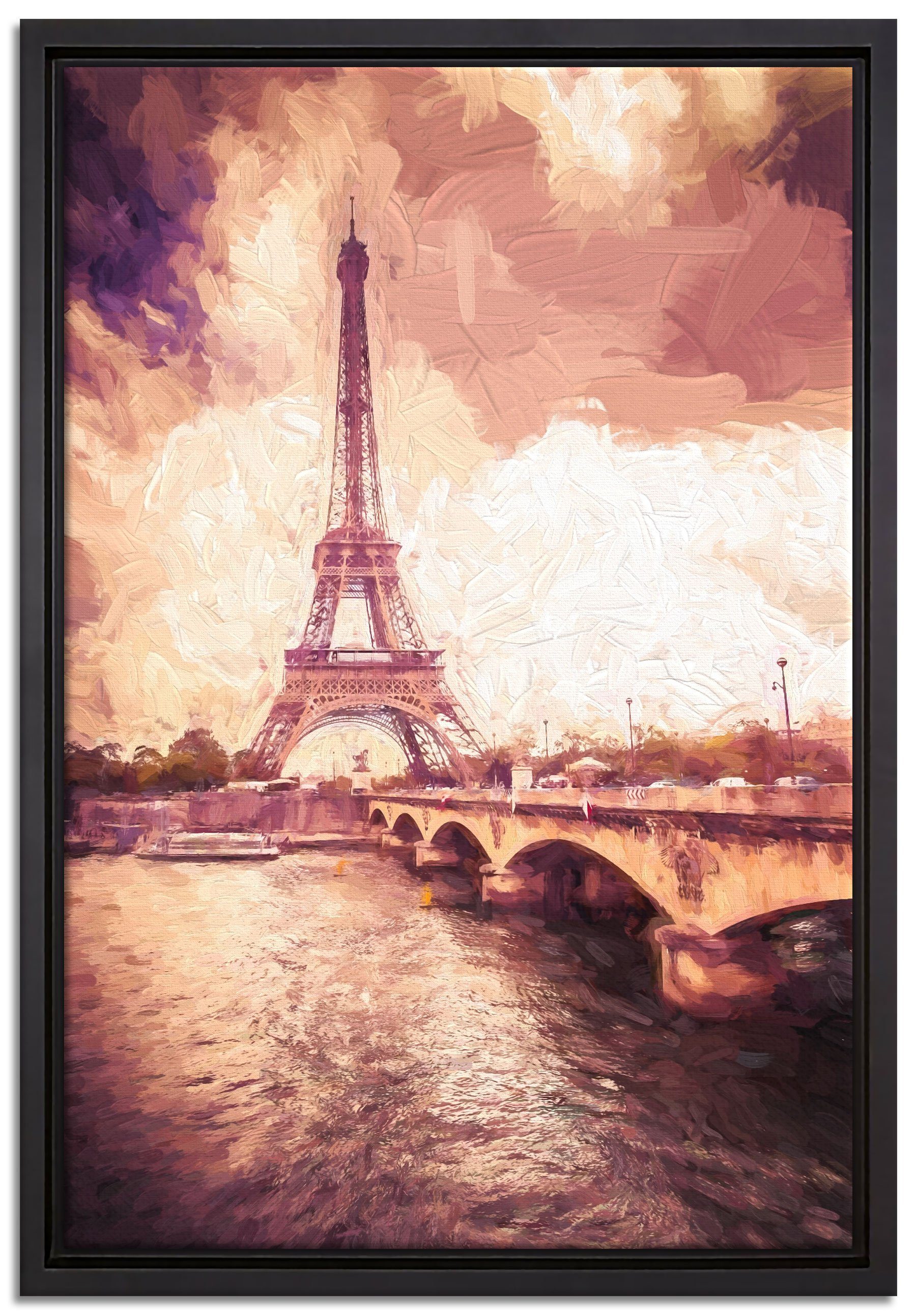 fertig einem bespannt, (1 in Schattenfugen-Bilderrahmen Paris inkl. Leinwandbild Eiffelturm St), Pixxprint Zackenaufhänger Wanddekoration Leinwandbild Kunst, in gefasst,
