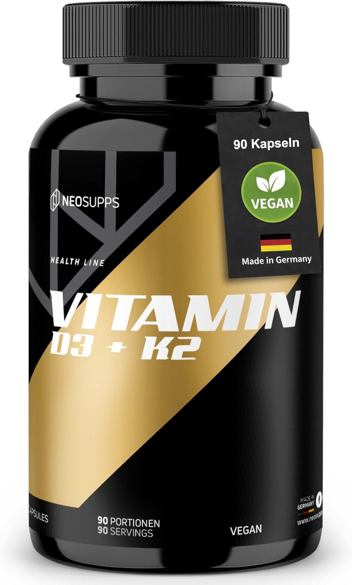 Neosupps Vitamin D3 + K2 hochdosiert, 90 Kapseln, Immunsystem, Knochenaufbau Kapseln, Made in Germany, unterstützt Blutgerinnung & Wundheilung